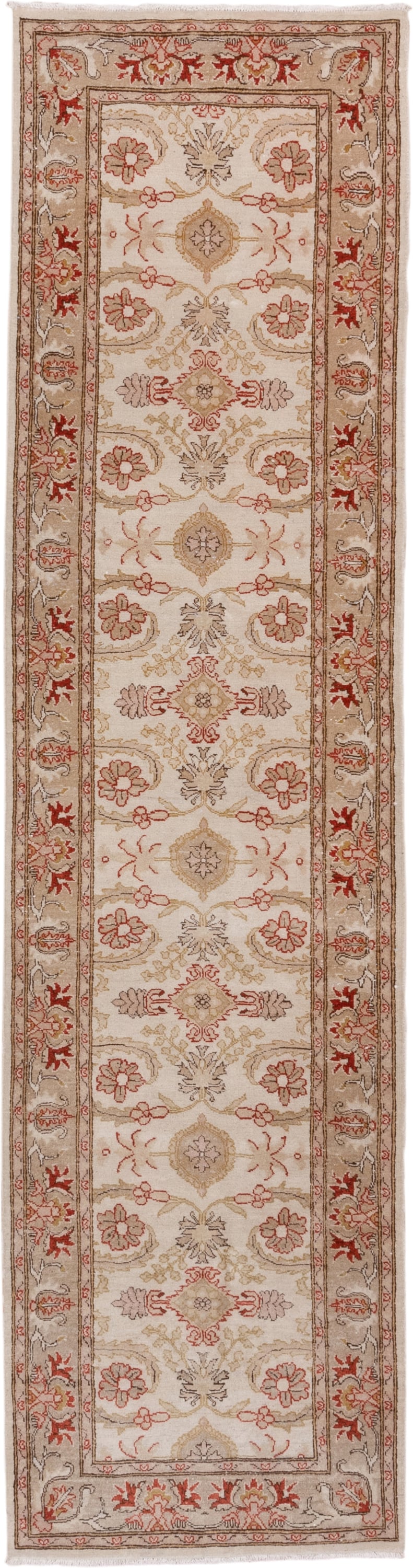 2' x 10' one-of-a-kind handmade vintage Tabriz runner rug. Color palette: ivory, taupe, beige, rust, camel, sage, gray