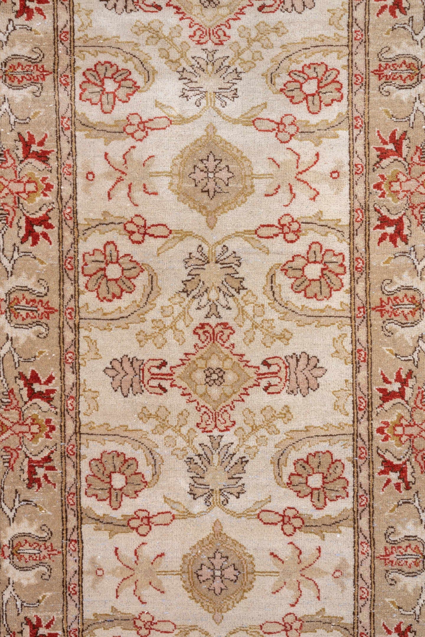 2' x 10' one-of-a-kind handmade vintage Tabriz runner rug. Color palette: ivory, taupe, beige, rust, camel, sage, gray