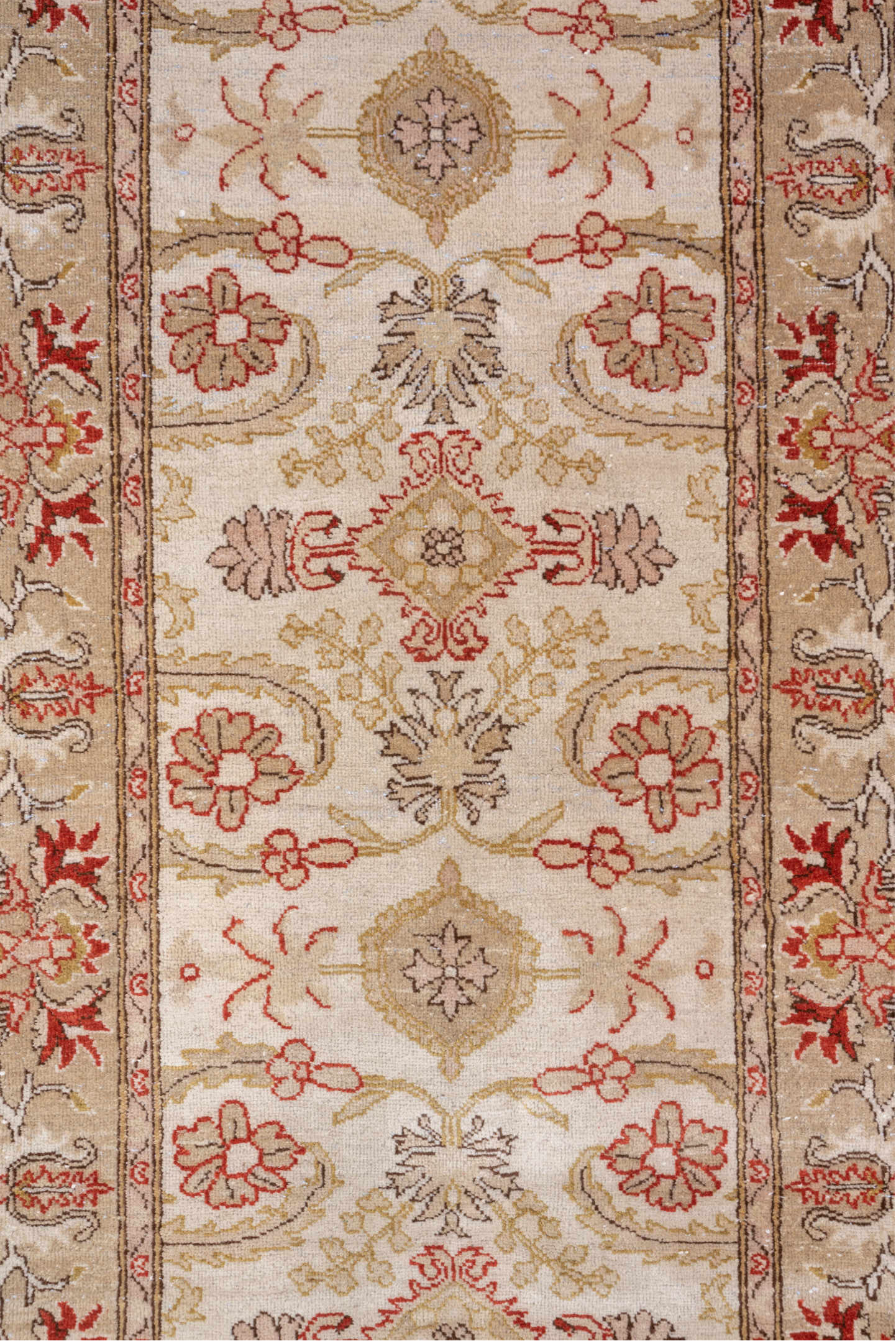 2' x 10' one-of-a-kind handmade vintage Tabriz runner rug. Color palette: brown, gray, light gray, off-white, pink, red