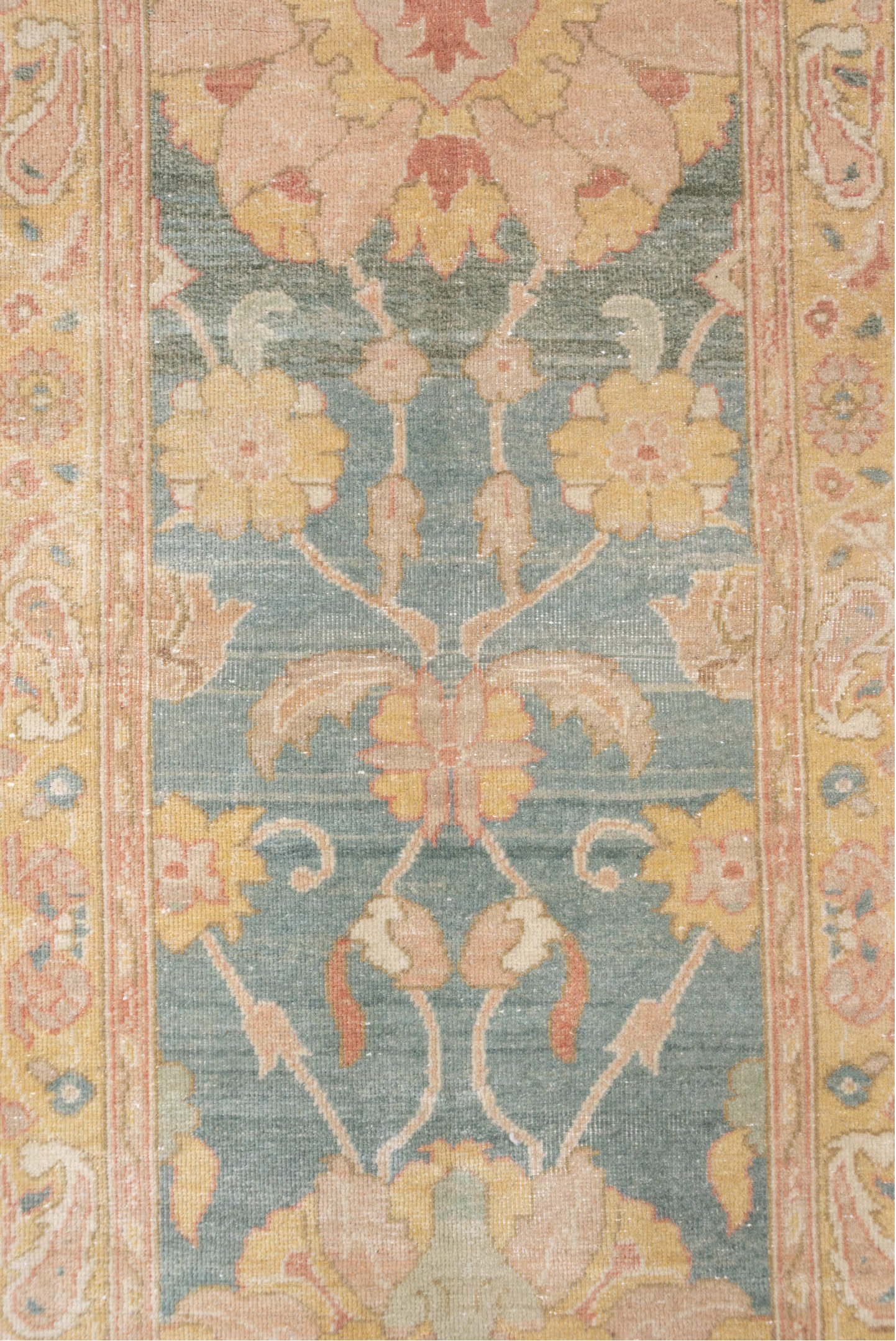 2' x 13' one-of-a-kind handmade vintage Mahal runner rug. Color palette: sage, blush, ivory, peach, taupe, rose, gold, green