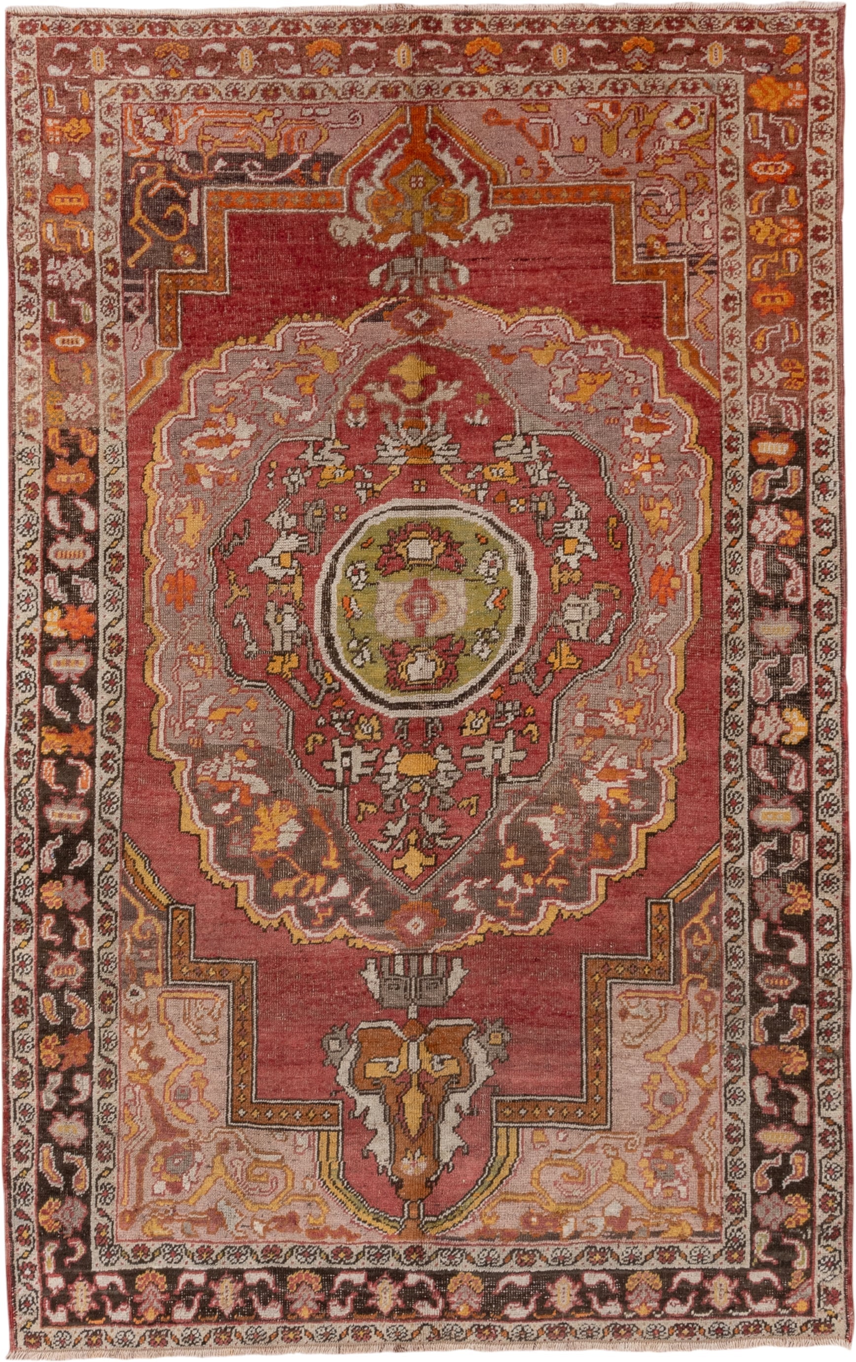 5' x 8' one-of-a-kind handmade vintage Oushak medium size rug. Color palette: rose, charcoal, lavender, ivory, gold, rust