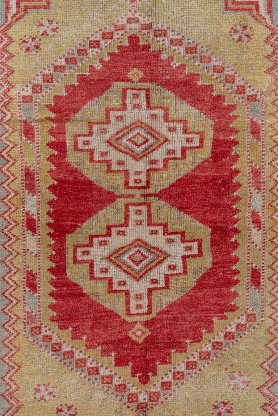 3' x 5' one-of-a-kind handmade vintage Oushak small size rug. Color palette: coral, ivory, gold, pale blue, saffron, rose