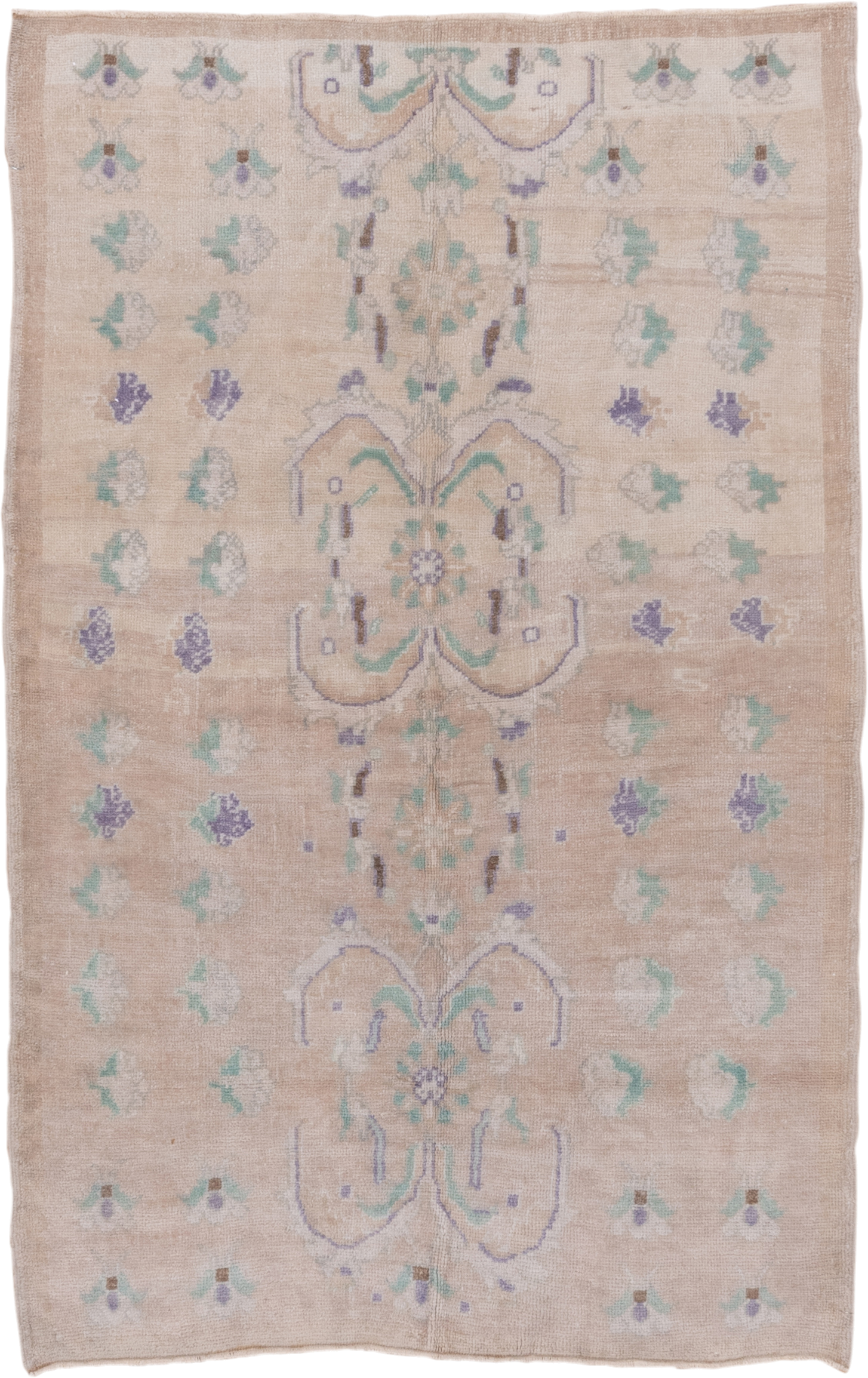4' x 7' one-of-a-kind handmade vintage Oushak rug. Color palette: blush, ivory, mint, lavender, taupe, sage, pink, green