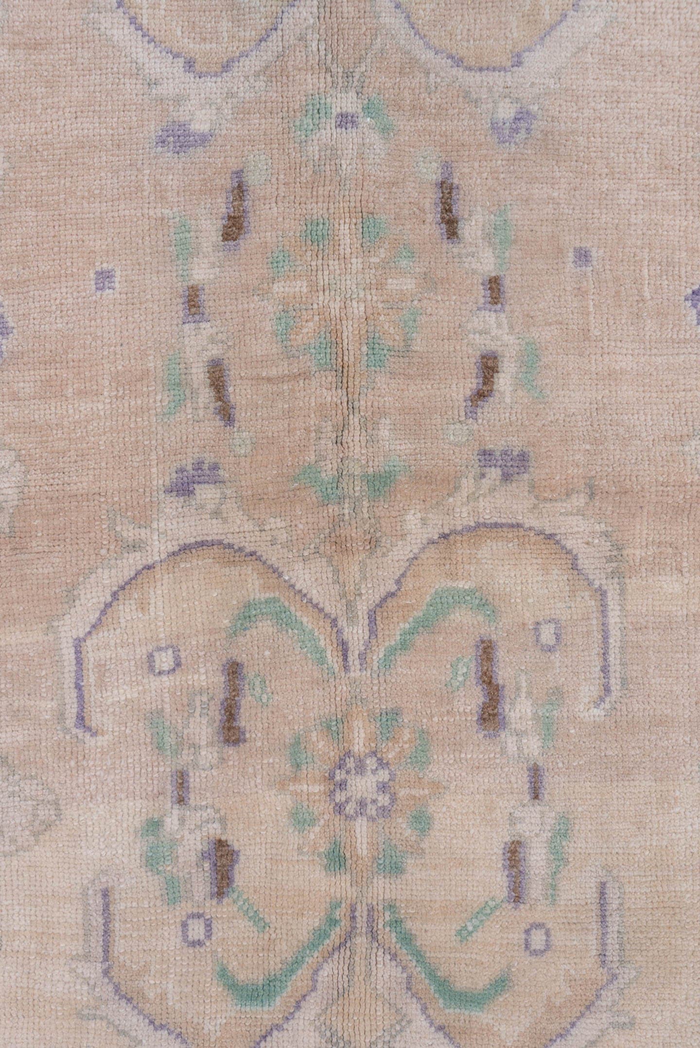 4' x 7' one-of-a-kind handmade vintage Oushak rug. Color palette: blush, ivory, mint, lavender, taupe, sage, pink, green