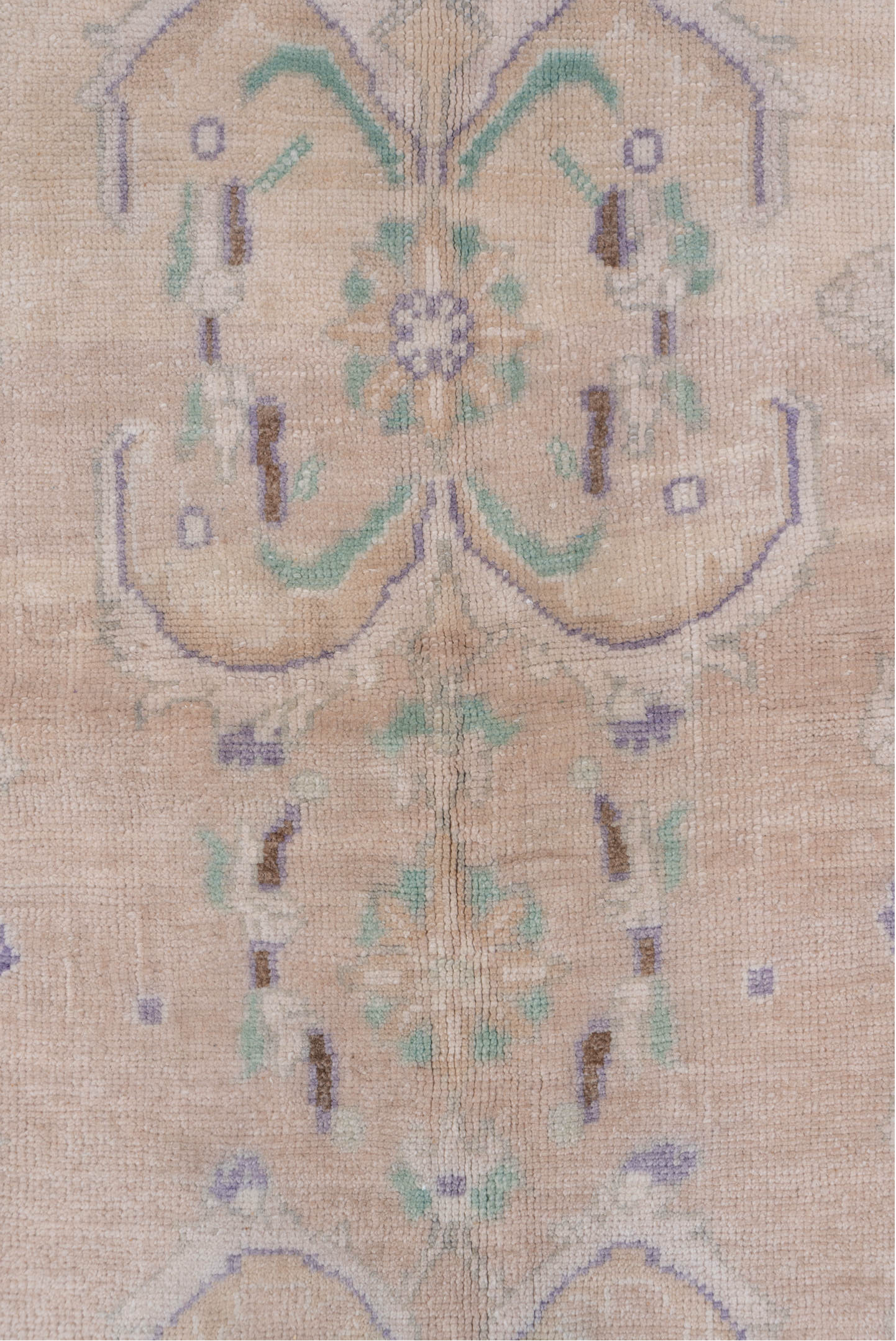 4' x 7' one-of-a-kind handmade vintage Oushak rug. Color palette: blush, ivory, mint, lavender, taupe, sage, pink, green