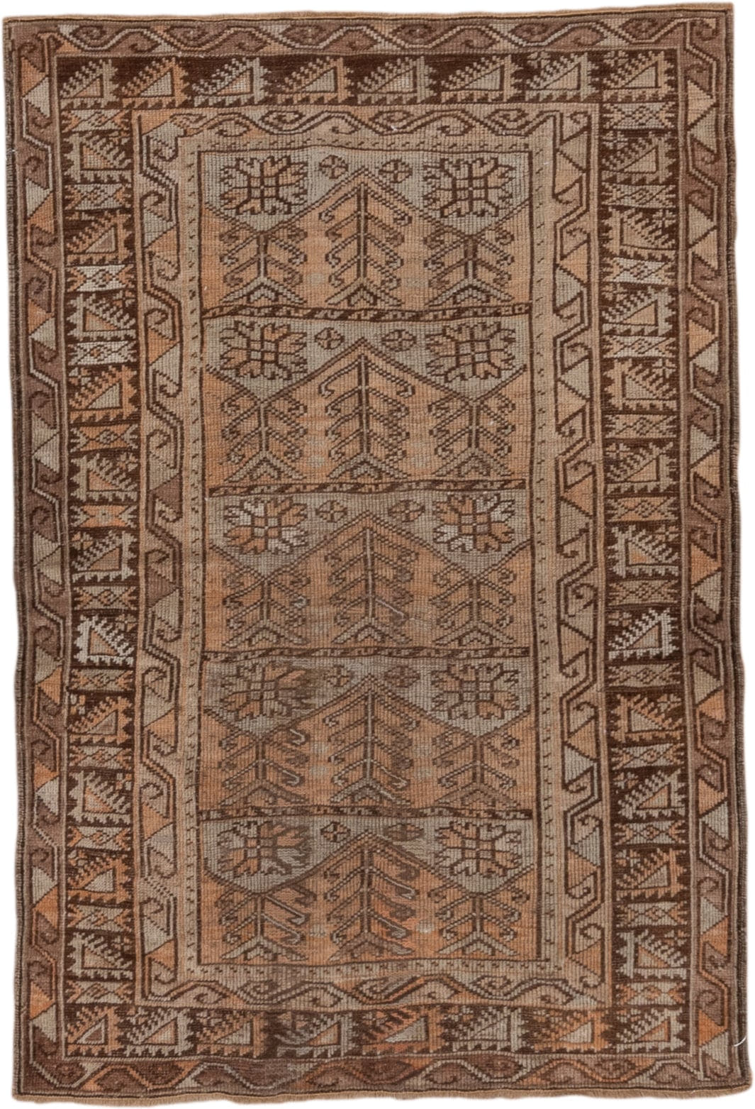 3' x 4' one-of-a-kind handmade vintage Oushak small size rug. Color palette: taupe, brown, camel, ivory, terra cotta