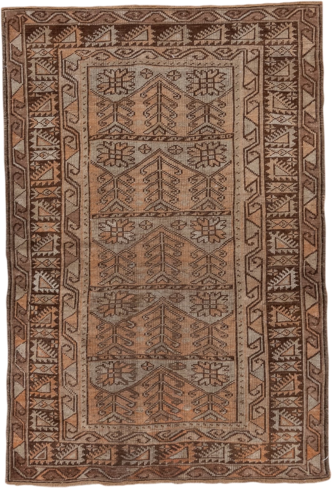 3' x 4' one-of-a-kind handmade vintage Oushak small size rug. Color palette: taupe, brown, camel, ivory, terra cotta