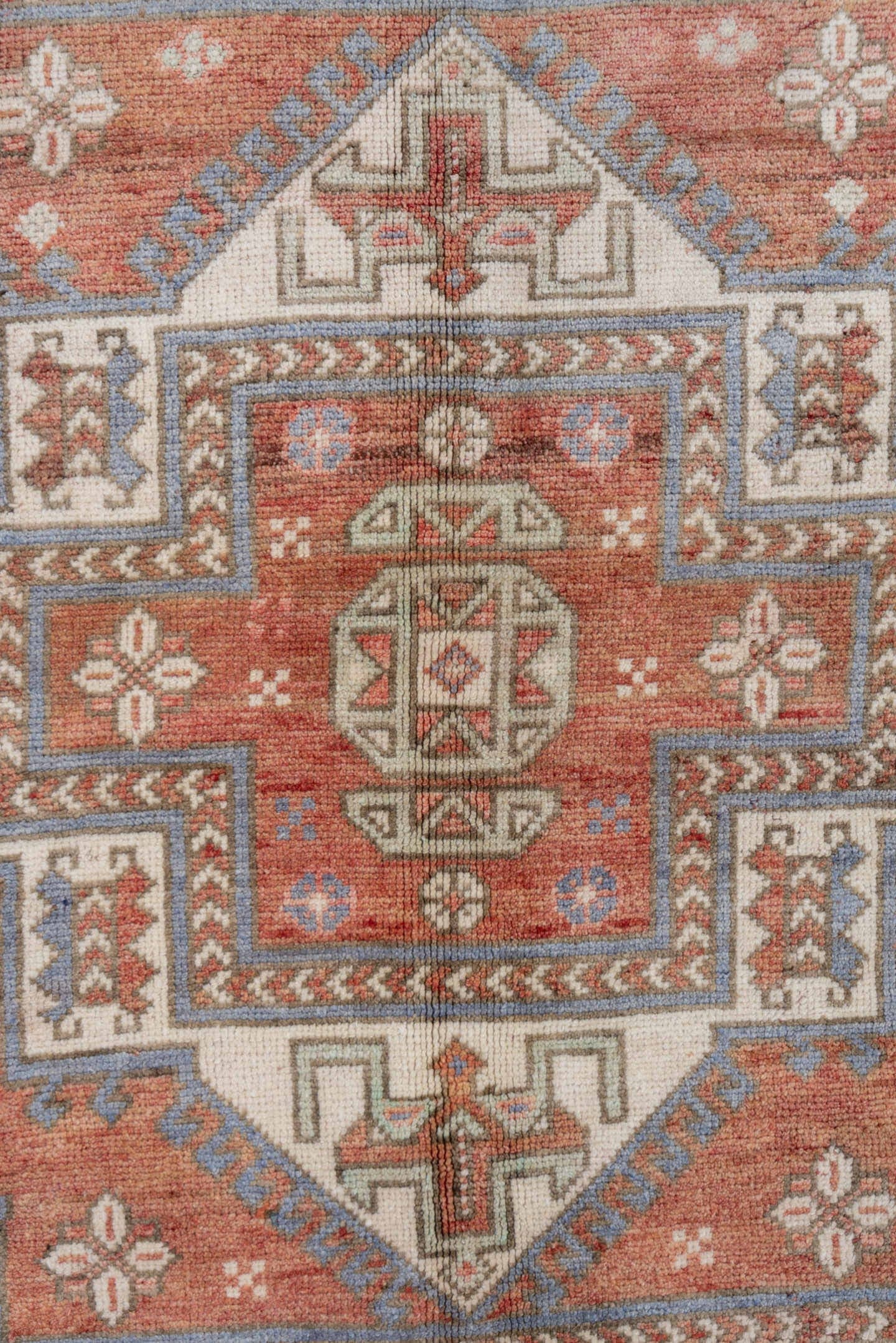 5' x 8' one-of-a-kind handmade vintage Oushak medium size rug. Color palette: terra cotta, ivory, dusty blue, rust, taupe
