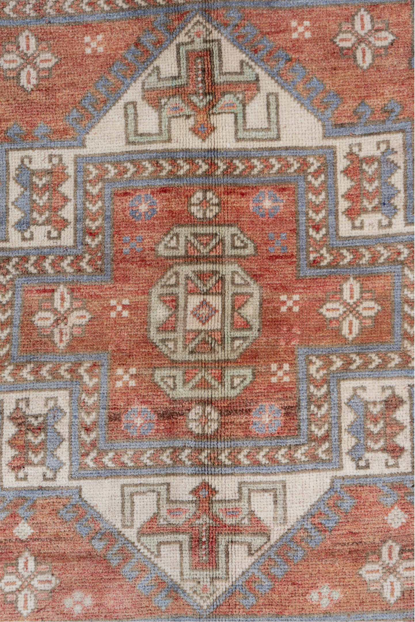 5' x 8' one-of-a-kind handmade vintage Oushak medium size rug. Color palette: terra cotta, ivory, dusty blue, rust, taupe