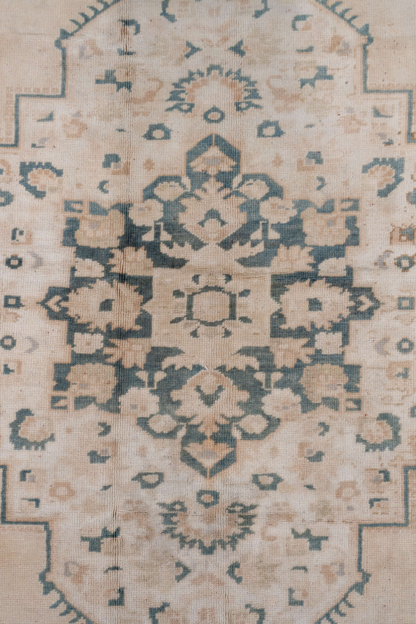 6' x 10' one-of-a-kind handmade vintage Oushak large size rug. Color palette: ivory, blue, beige, taupe, camel, gray