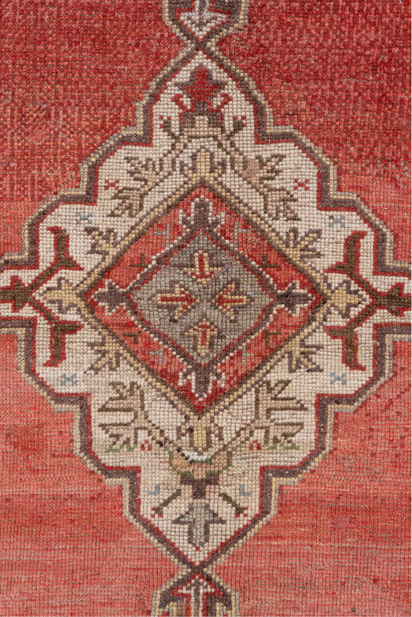 3' x 5' one-of-a-kind handmade vintage Oushak small size rug. Color palette: terra cotta, ivory, slate, rust, olive