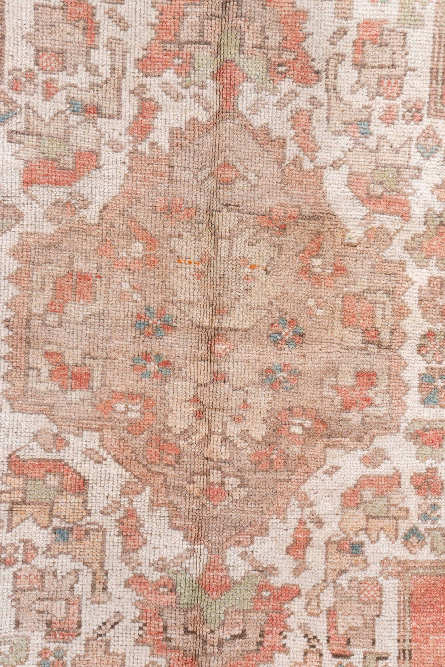 4' x 7' one-of-a-kind handmade vintage Oushak rug. Color palette: blush, taupe, ivory, coral, dusty blue, beige, pink, gray