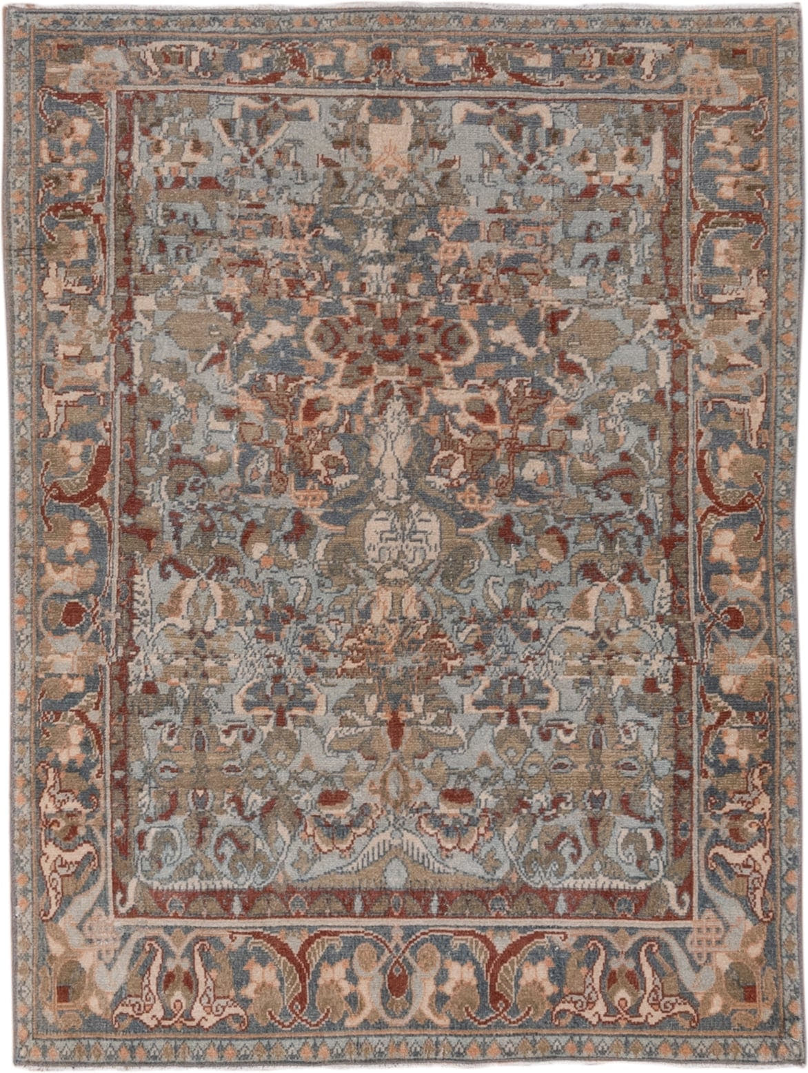 3' x 4' one-of-a-kind handmade vintage Sivas small size rug. Color palette: blue, ivory, rust, taupe, camel, sage