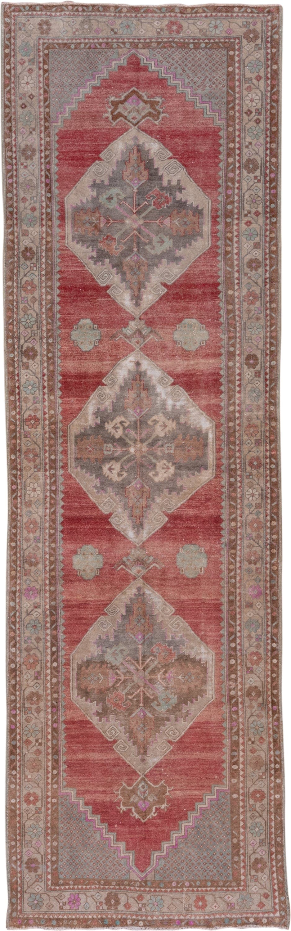 3' x 11' one-of-a-kind handmade antique Oushak runner rug. Color palette: rose, taupe, ivory, brown, dusty pink, sage