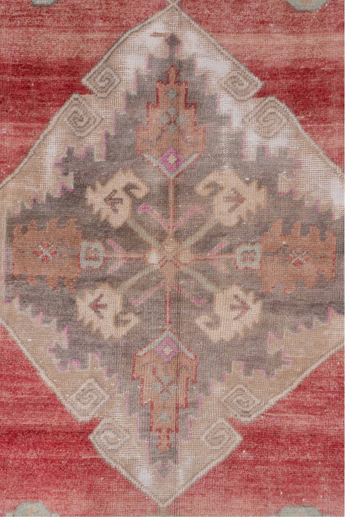 3' x 11' one-of-a-kind handmade antique Oushak runner rug. Color palette: rose, taupe, ivory, brown, dusty pink, sage