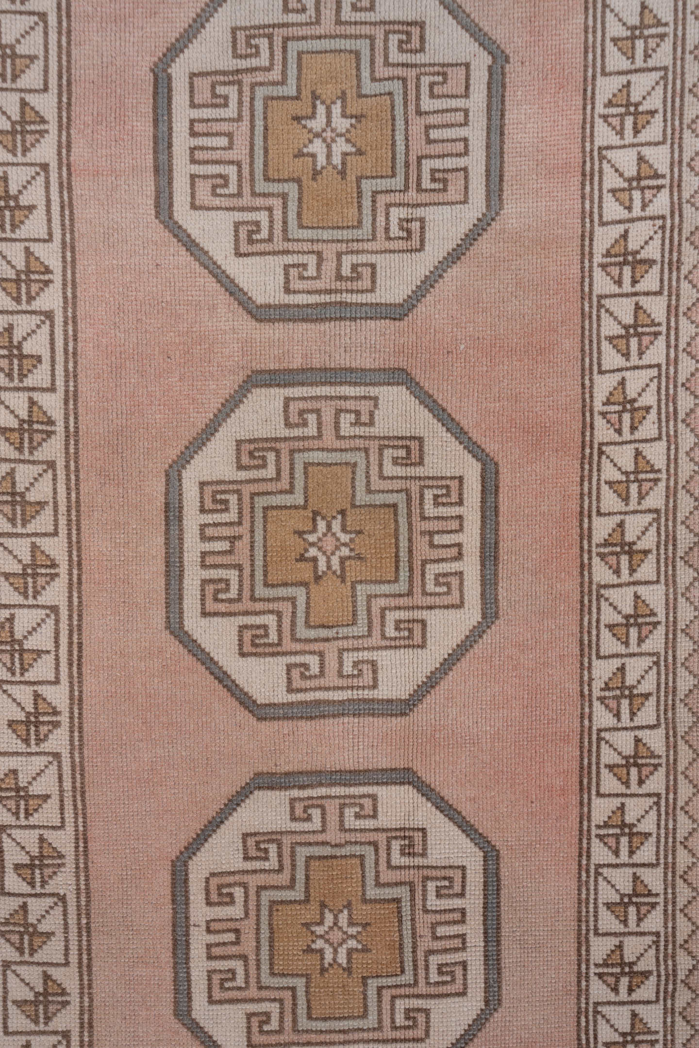 2' x 11' one-of-a-kind handmade vintage Oushak runner rug. Color palette: blush, ivory, taupe, camel, beige, soft gold, pink