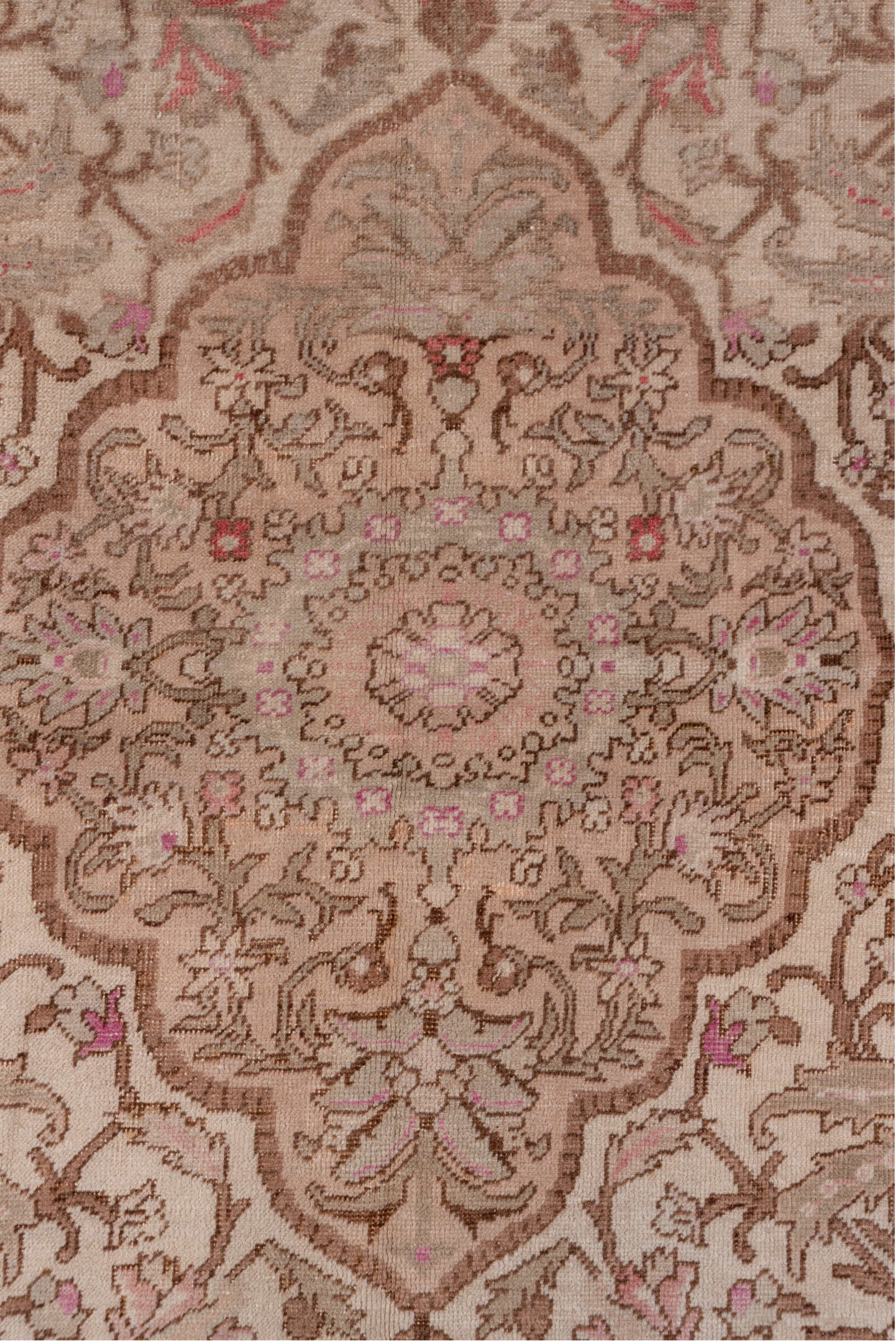 4' x 7' one-of-a-kind handmade vintage Oushak rug. Color palette: ivory, beige, taupe, blush, rose, camel, brown, gray, pink