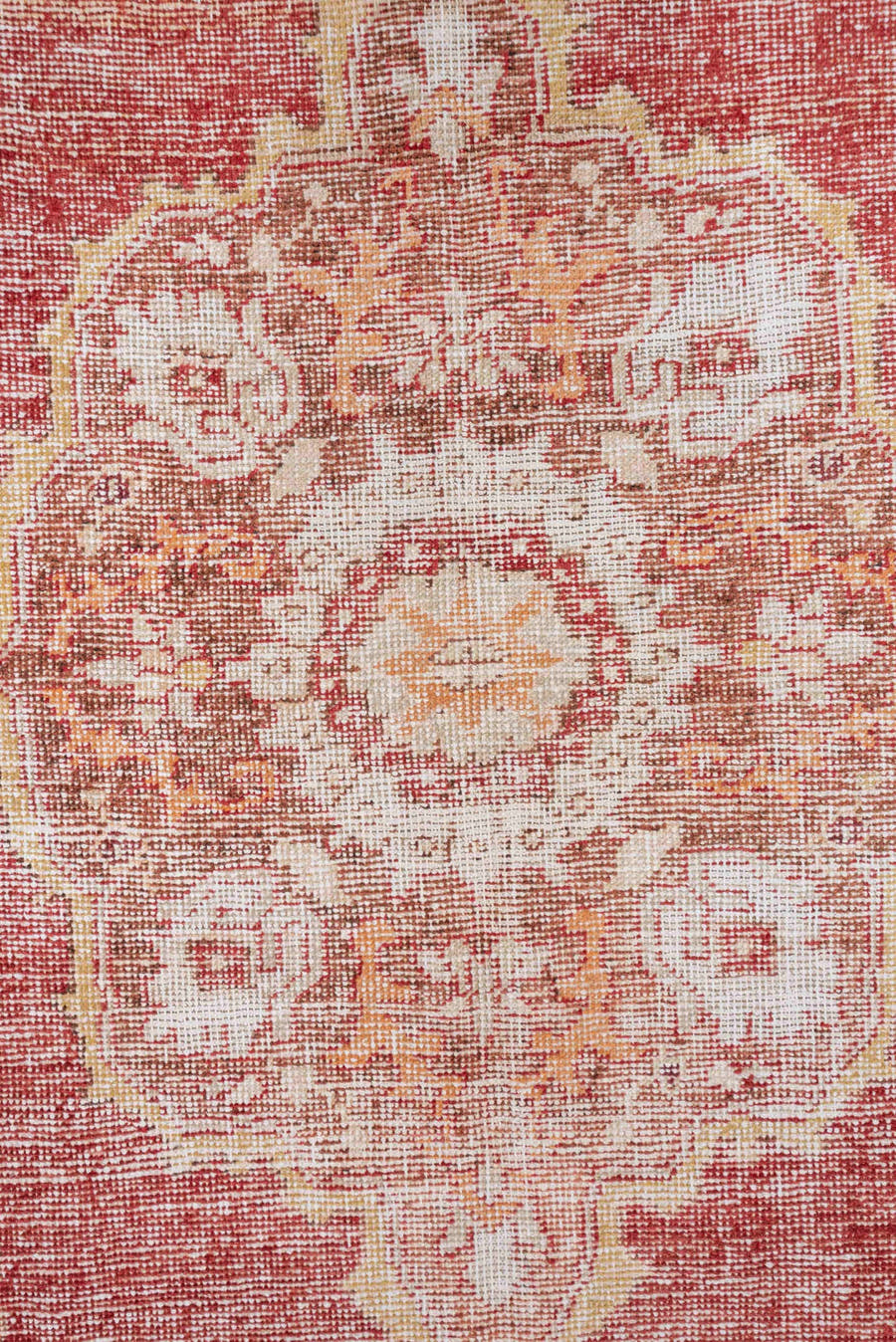 6' x 9' one-of-a-kind handmade vintage Oushak medium size rug. Color palette: terra cotta, ivory, rose, gold, rust, beige