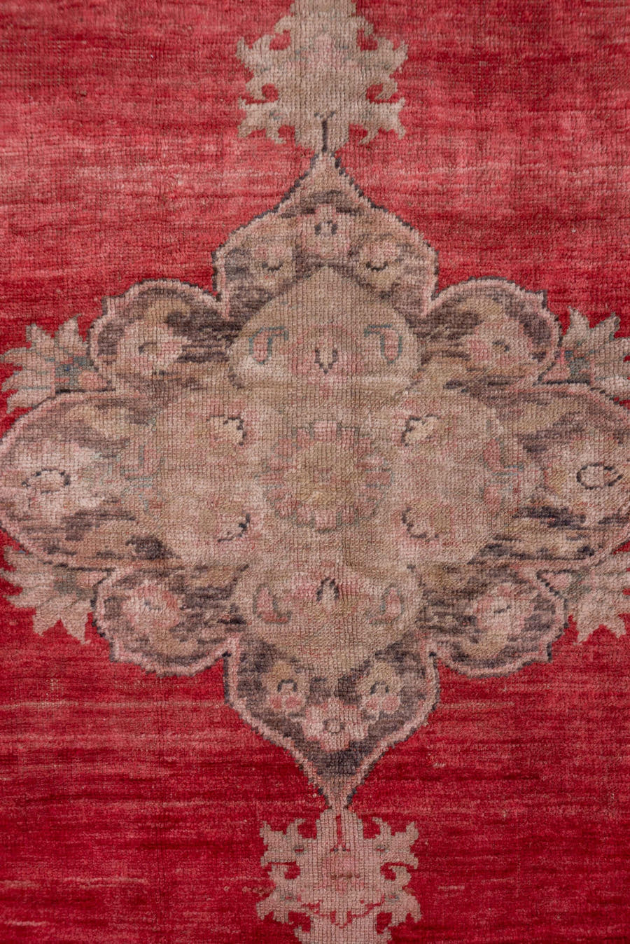 7' x 8' one-of-a-kind handmade antique Oushak rug. Color palette: coral, taupe, rose, ivory, sage, rust, charcoal