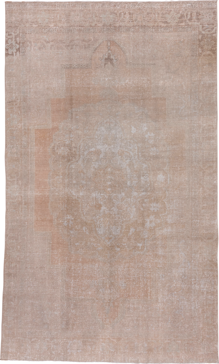 7' x 11' one-of-a-kind handmade vintage Oushak large size rug. Color palette: blush, taupe, ivory, beige, sand, pink, gray