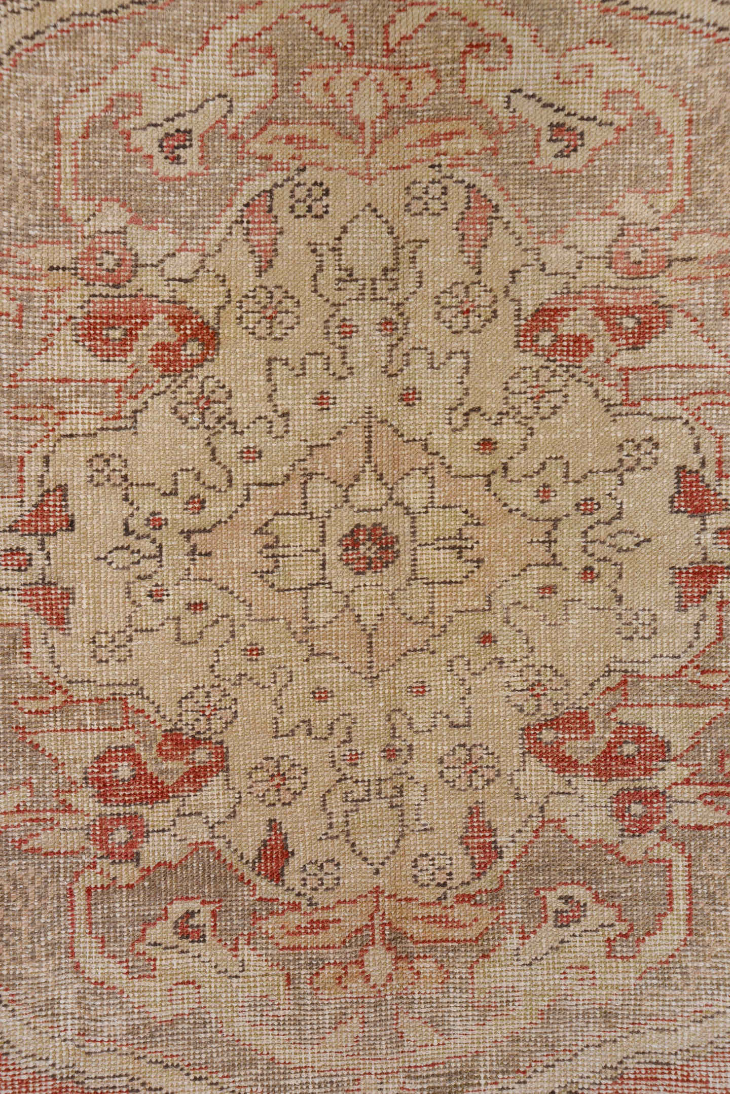 7' x 10' one-of-a-kind handmade vintage Oushak large size rug. Color palette: rose, ivory, taupe, charcoal, blush, camel