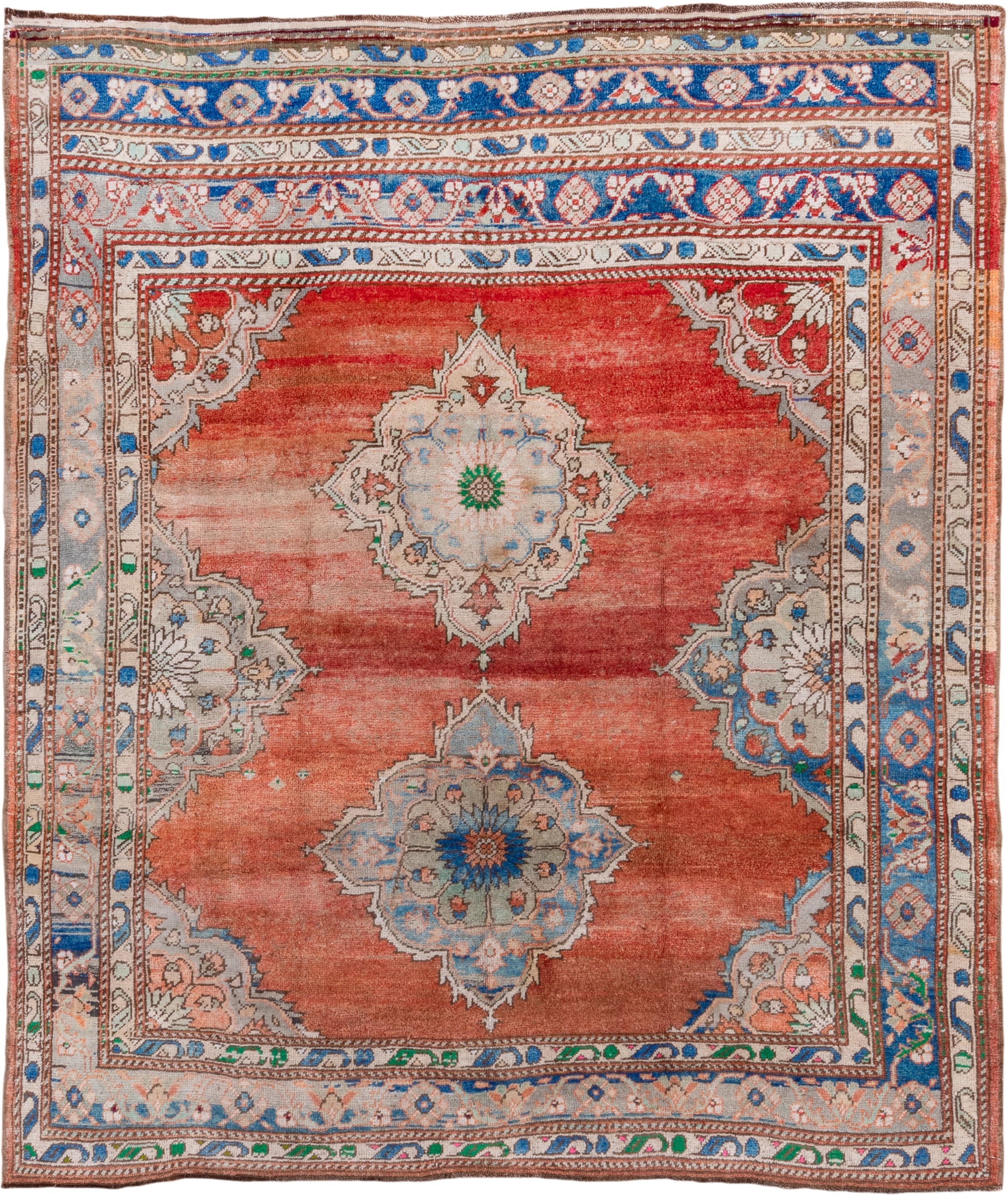 7' x 8' one-of-a-kind handmade vintage Oushak rug. Color palette: terra cotta, ivory, blue, sky blue, gray, rust, green