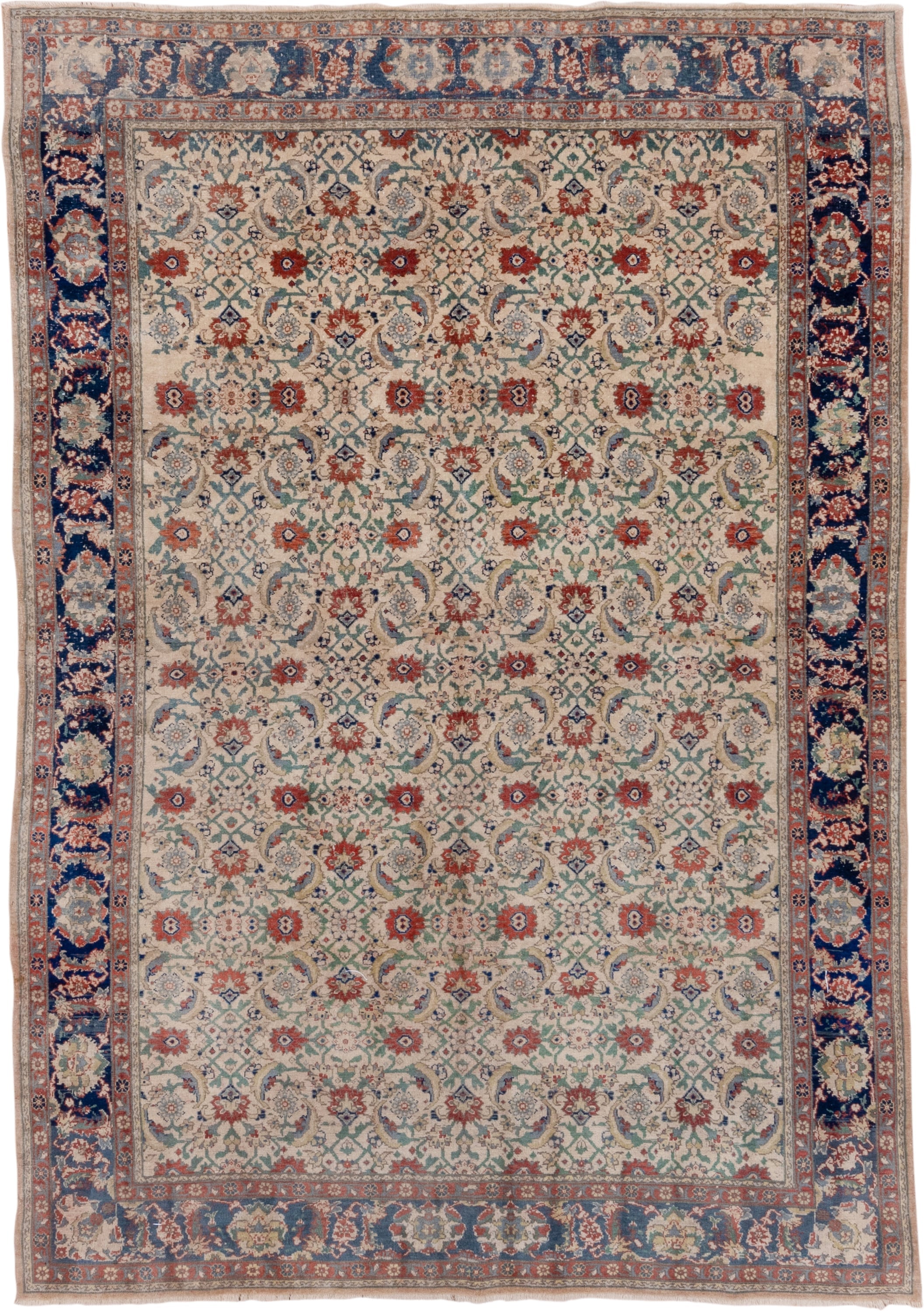 6' x 9' one-of-a-kind handmade vintage Sivas medium size rug. Color palette: ivory, navy, rust, sage, sky blue, rose, taupe