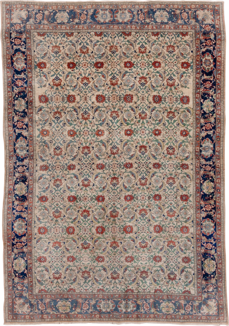 6' x 9' one-of-a-kind handmade vintage Sivas medium size rug. Color palette: ivory, navy, rust, sage, sky blue, rose, taupe