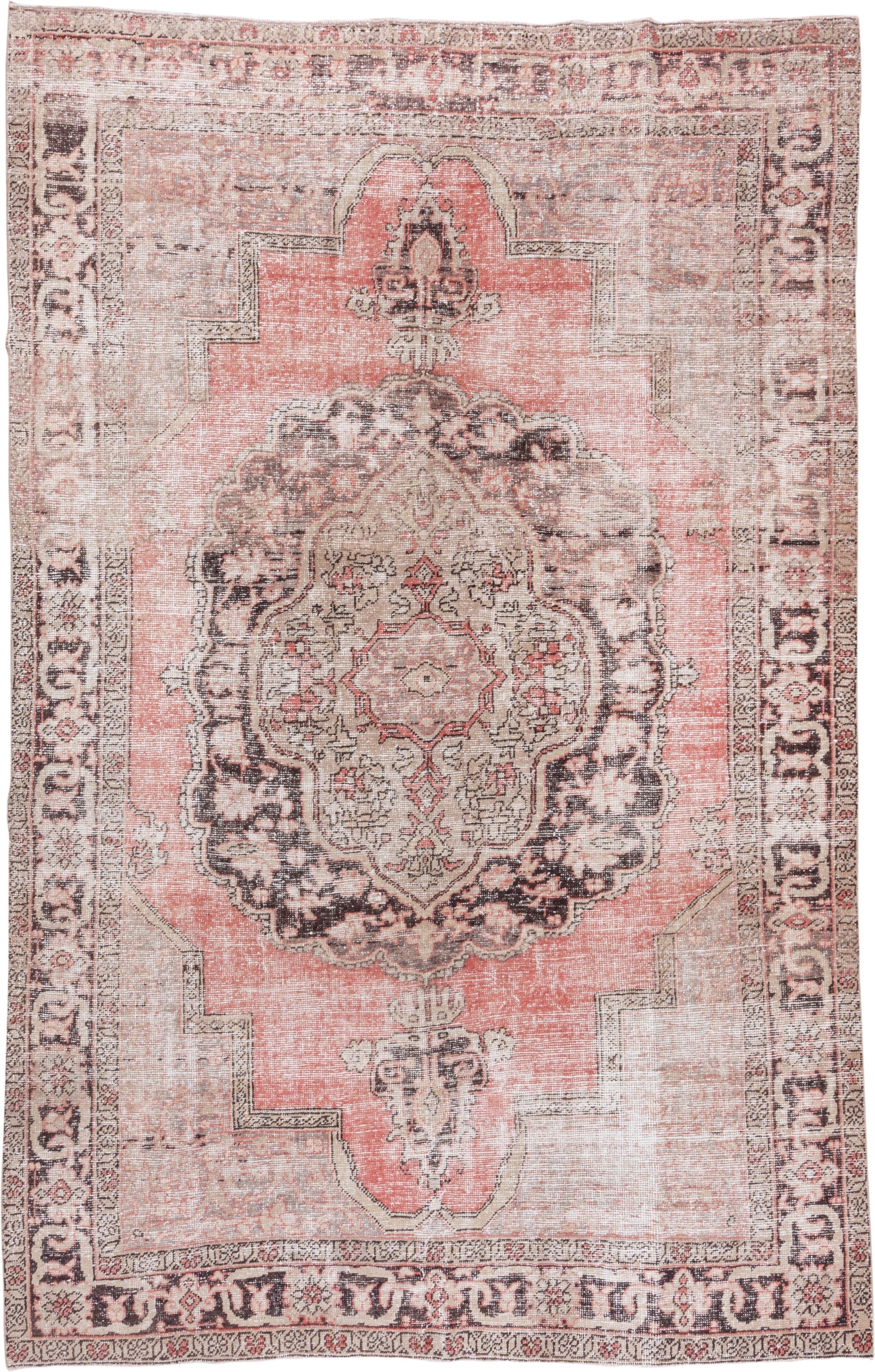 8' x 12' one-of-a-kind handmade vintage Oushak large size rug. Color palette: coral, ivory, charcoal, blush, taupe, rose
