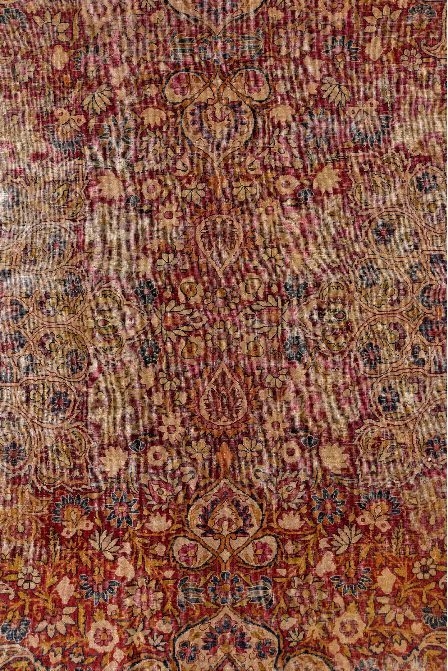 12' x 19' one-of-a-kind handmade vintage Lavar oversize rug. Color palette: rose, terra cotta, ivory, beige, muted blue