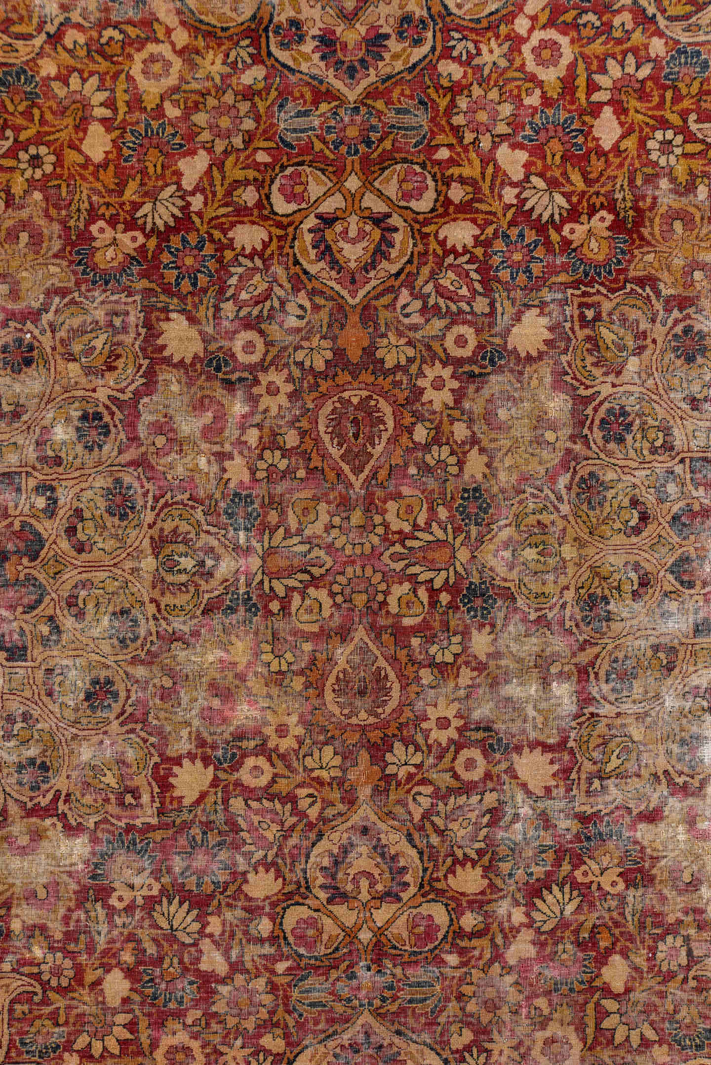 12' x 19' one-of-a-kind handmade vintage Lavar oversize rug. Color palette: rose, terra cotta, ivory, beige, muted blue
