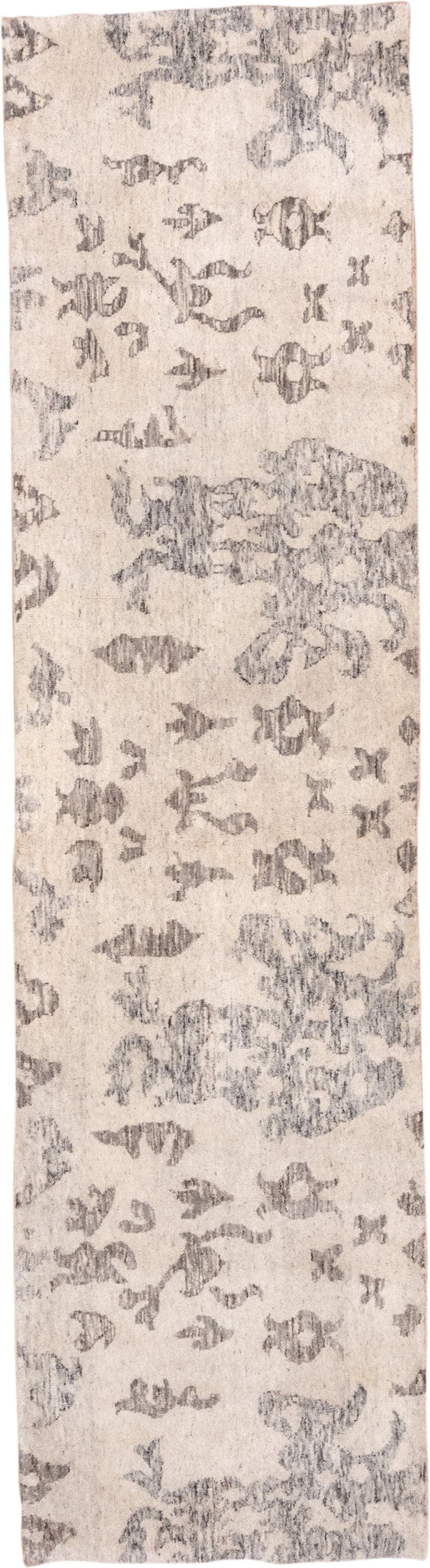 2' x 10' one-of-a-kind handmade vintage Padah runner rug. Color palette: ivory, charcoal, taupe, cream, gray, black, beige