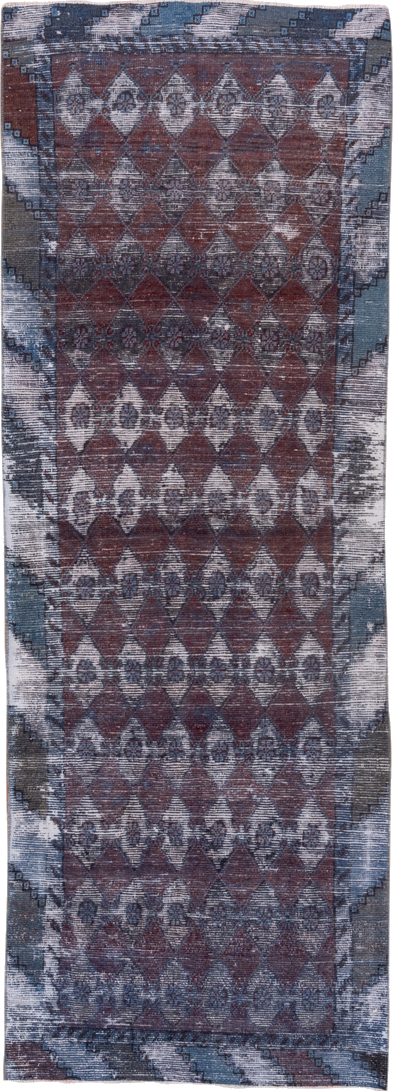 3' x 8' one-of-a-kind handmade vintage Overdyed runner rug. Color palette: blue, brown, gray, light blue, light gray