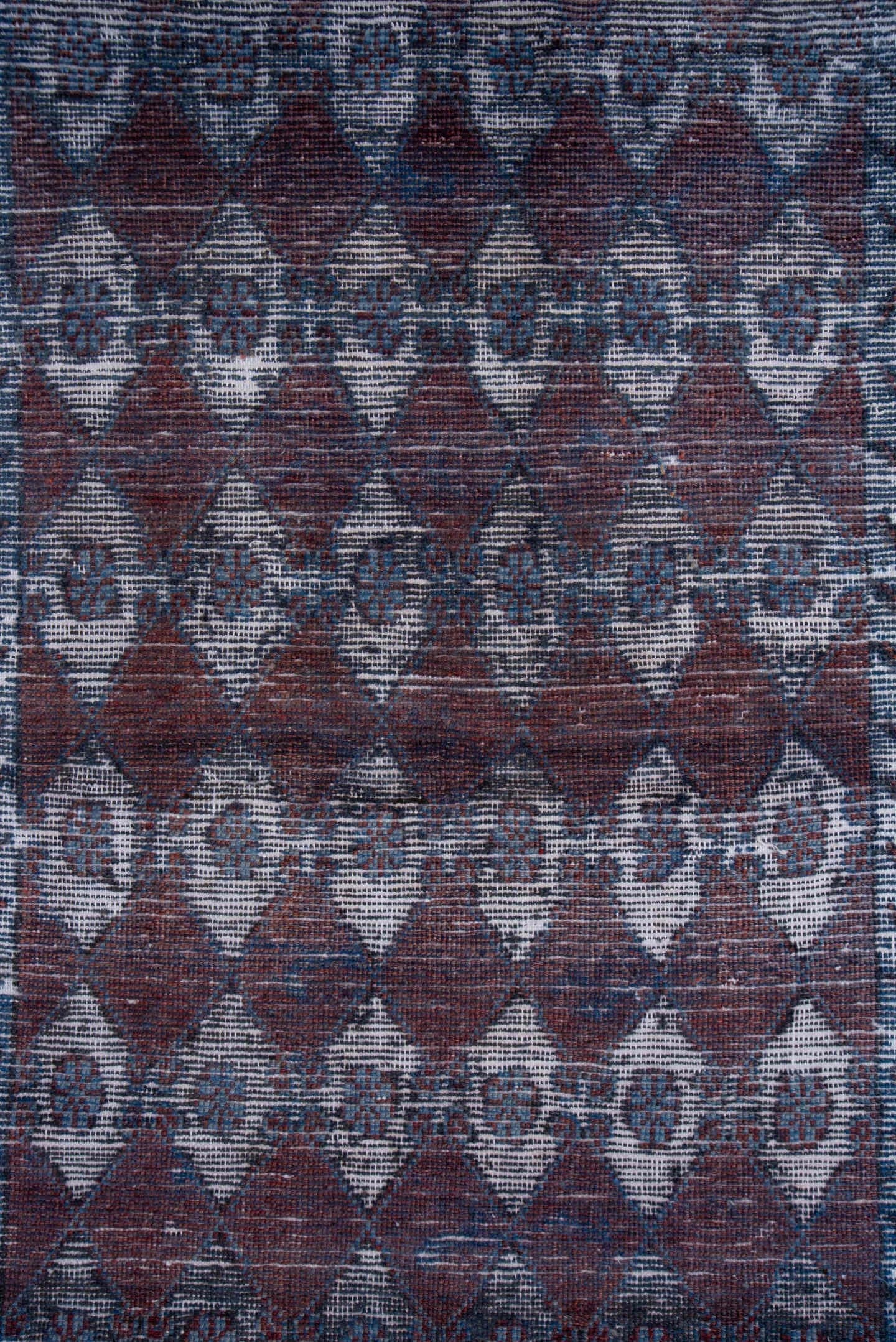 3' x 8' one-of-a-kind handmade vintage Overdyed runner rug. Color palette: burgundy, slate, ivory, charcoal, indigo, taupe