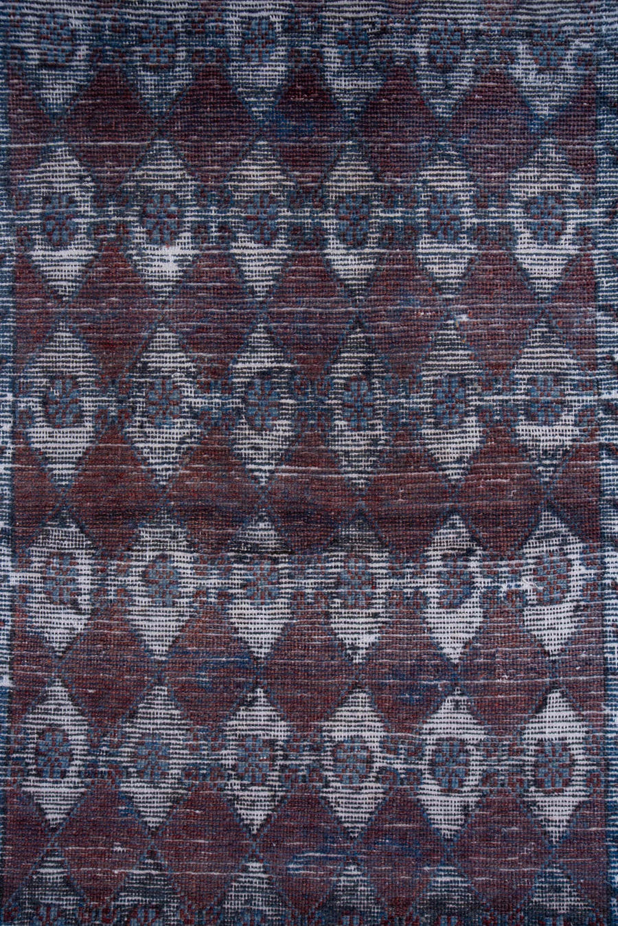 3' x 8' one-of-a-kind handmade vintage Overdyed runner rug. Color palette: burgundy, slate, ivory, charcoal, indigo, taupe