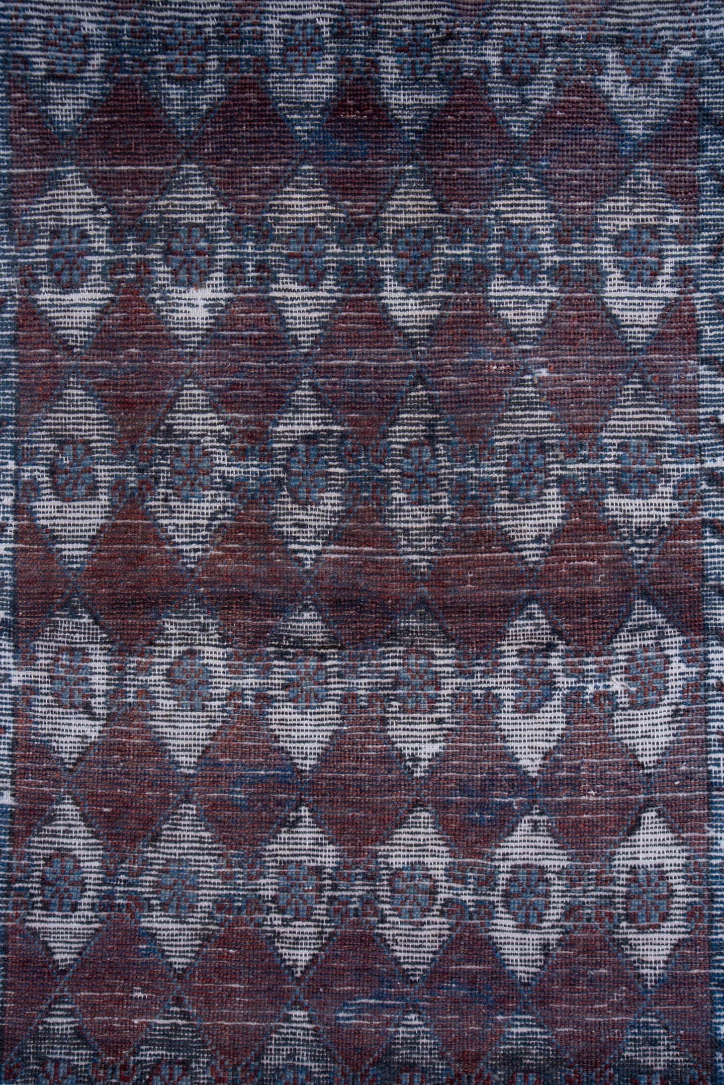 3' x 8' one-of-a-kind handmade vintage Overdyed runner rug. Color palette: burgundy, slate, ivory, charcoal, indigo, taupe