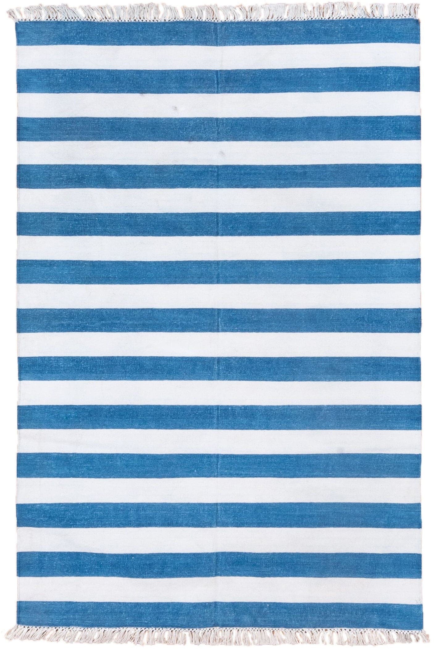 4' x 6' one-of-a-kind handmade vintage Dhurrie small size rug. Color palette: ivory, blue