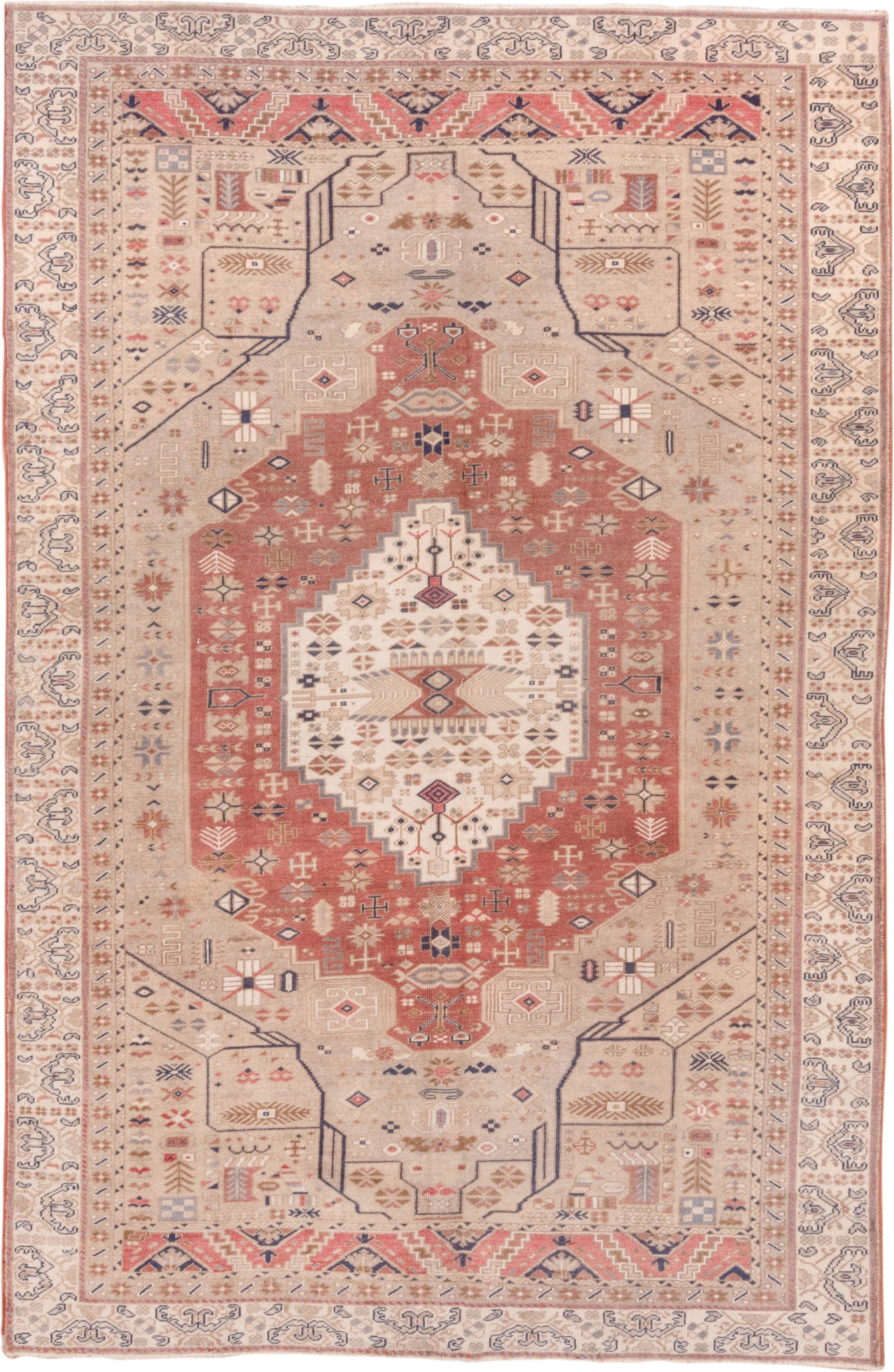 6' x 9' one-of-a-kind handmade vintage Oushak medium size rug. Color palette: ivory, blush, sand, muted blue, taupe