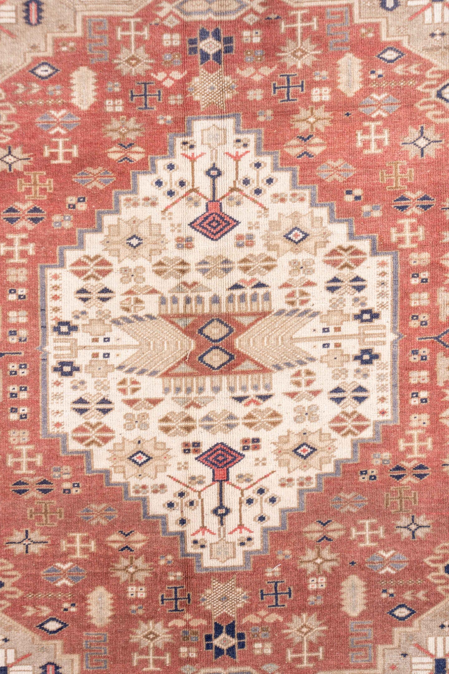 6' x 9' one-of-a-kind handmade vintage Oushak medium size rug. Color palette: ivory, blush, sand, muted blue, taupe