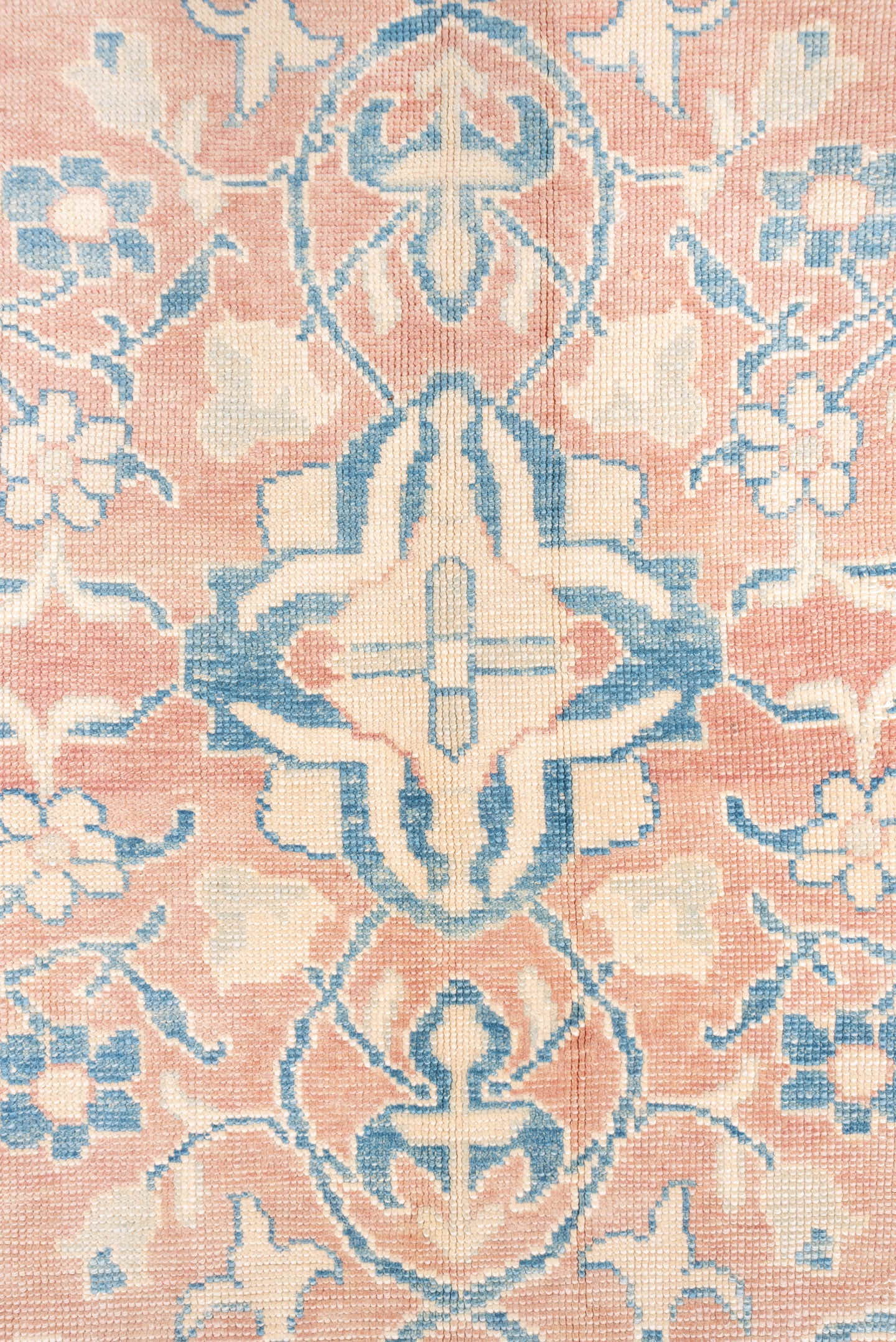 9' x 10' one-of-a-kind handmade vintage Oushak large size rug. Color palette: blush, sky blue, ivory, cream, peach, pink