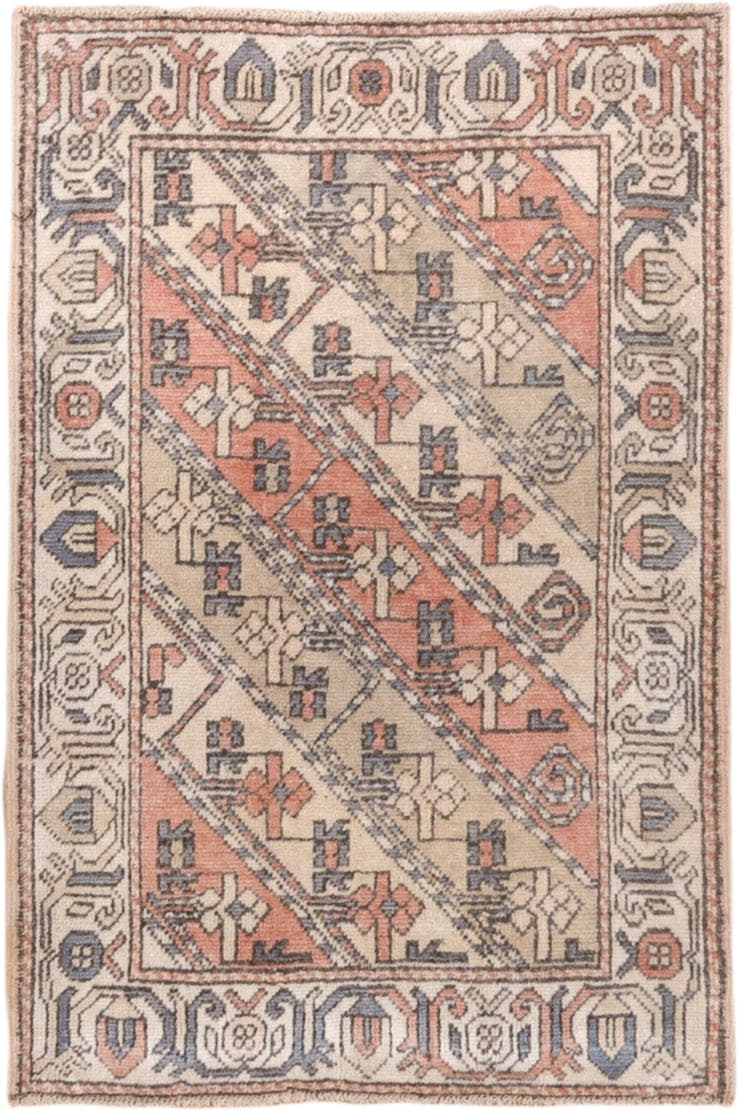 2' x 5' one-of-a-kind handmade vintage Oushak small size rug. Color palette: ivory, coral, slate, taupe, camel, charcoal