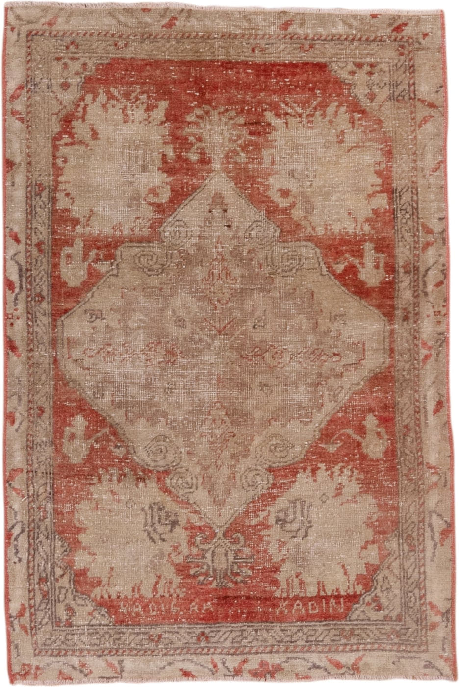 2' x 4' one-of-a-kind handmade vintage Oushak small size rug. Color palette: beige, terra cotta, ivory, taupe, camel