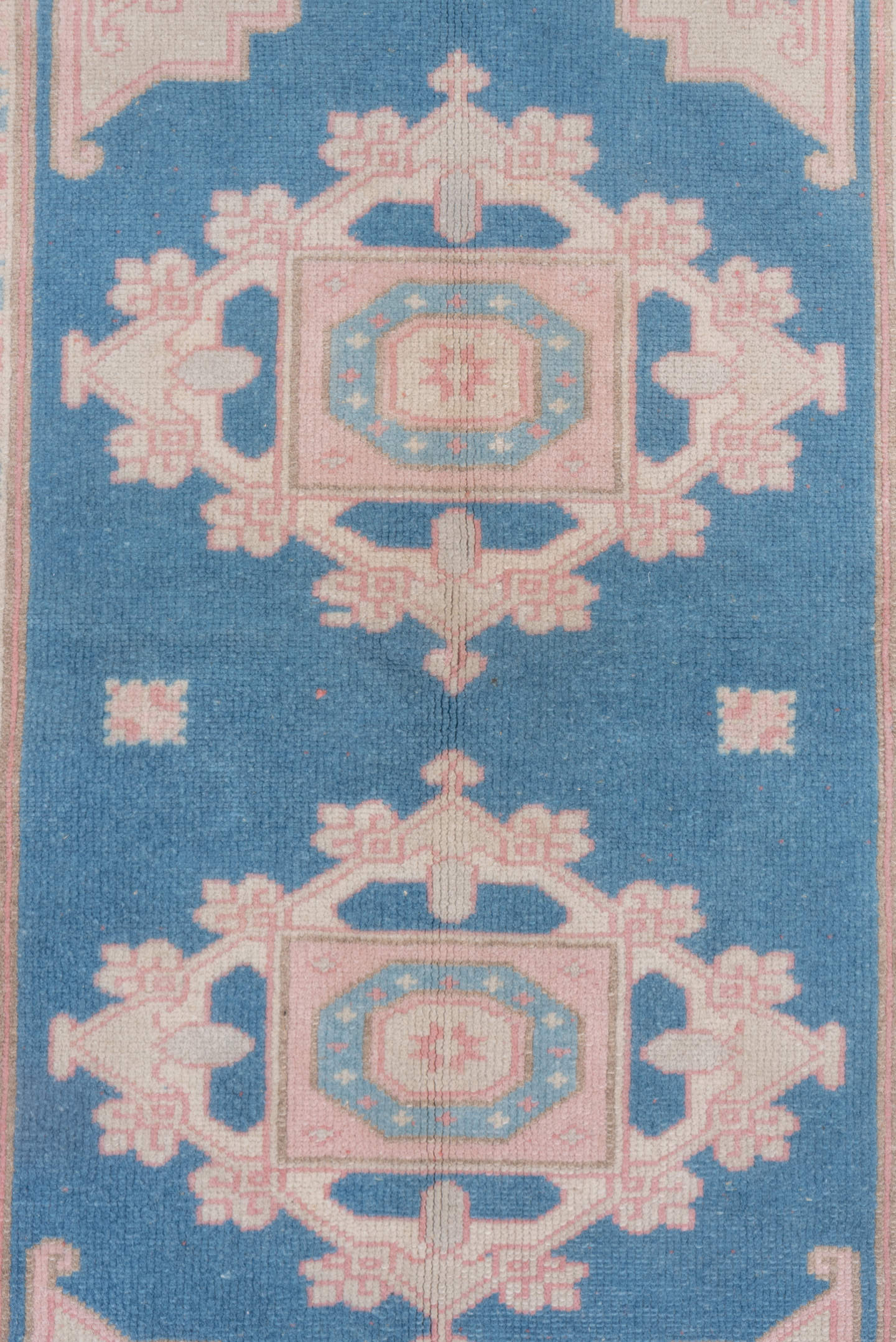 3' x 4' one-of-a-kind handmade vintage Oushak small size rug. Color palette: sky blue, blush, ivory, powder blue, peach