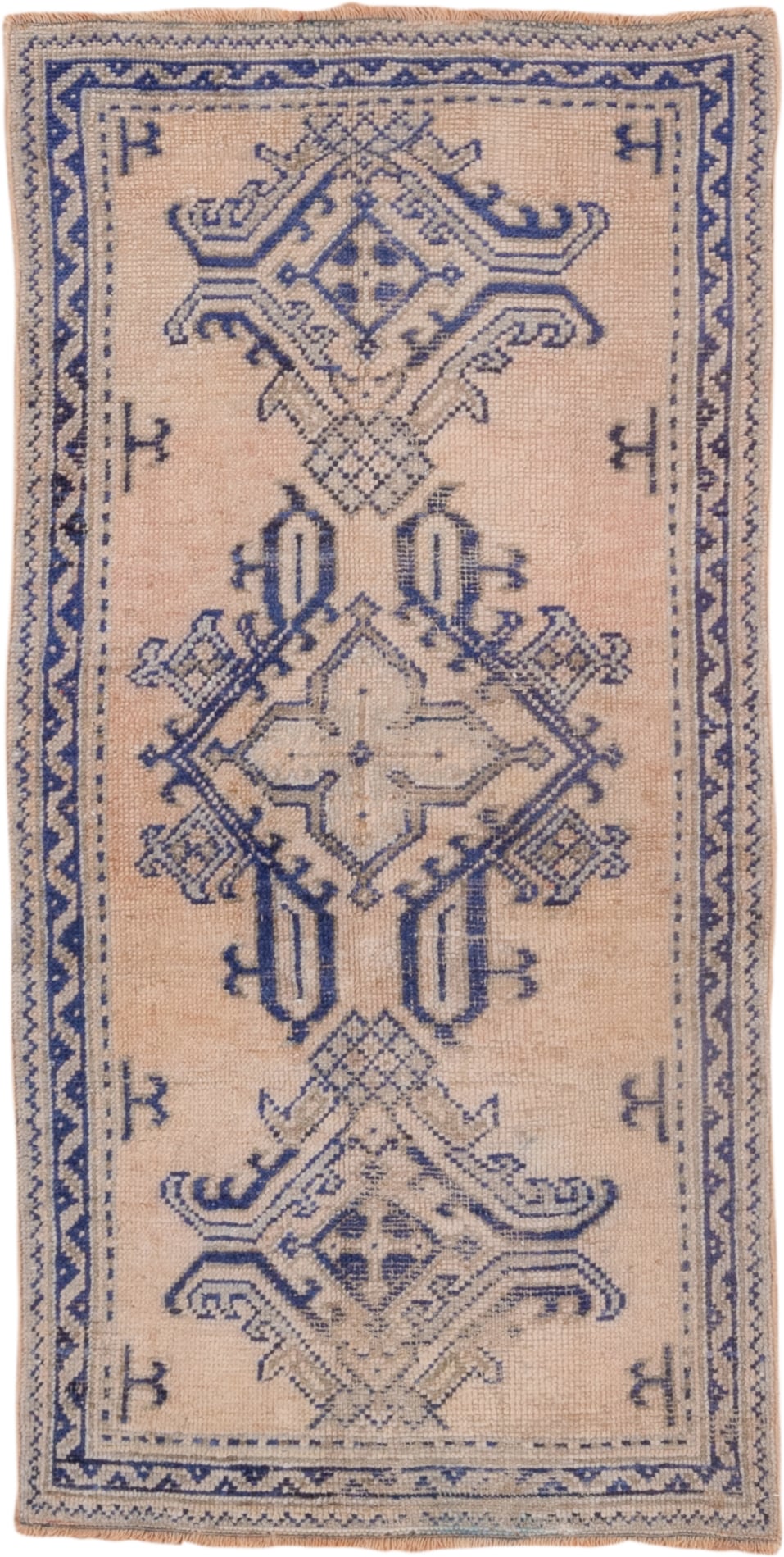 2' x 5' one-of-a-kind handmade vintage Oushak small size rug. Color palette: ivory, indigo, beige, camel, taupe, purple