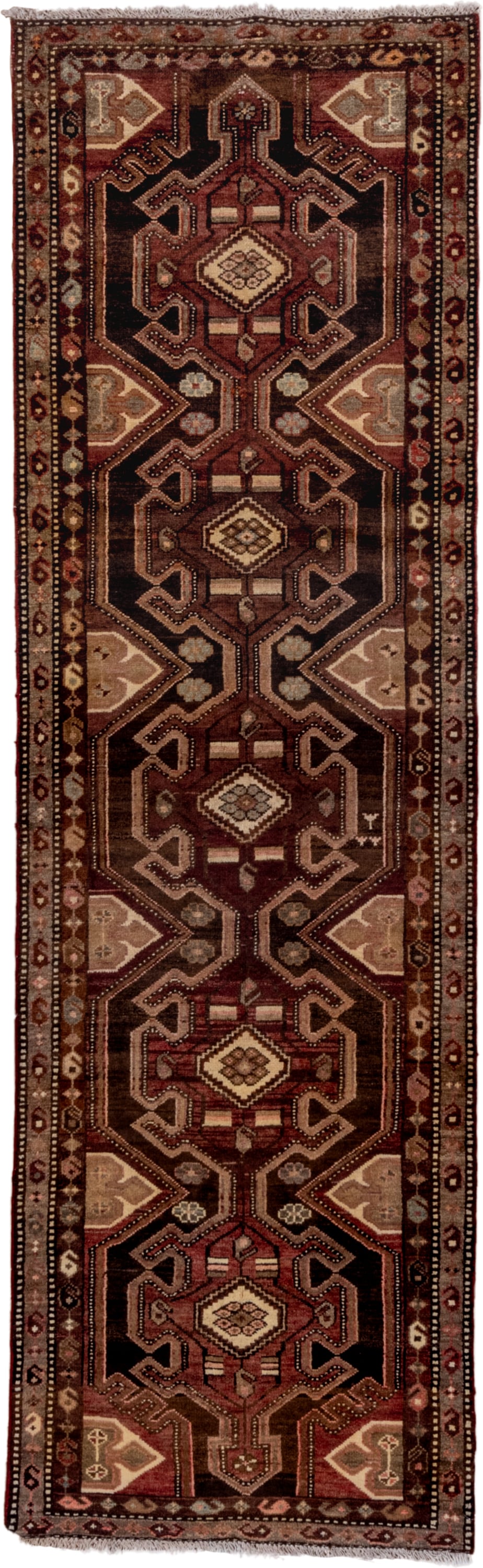 2' x 9' one-of-a-kind handmade antique Malayer runner rug. Color palette: brown, rust, ivory, camel, charcoal, burgundy