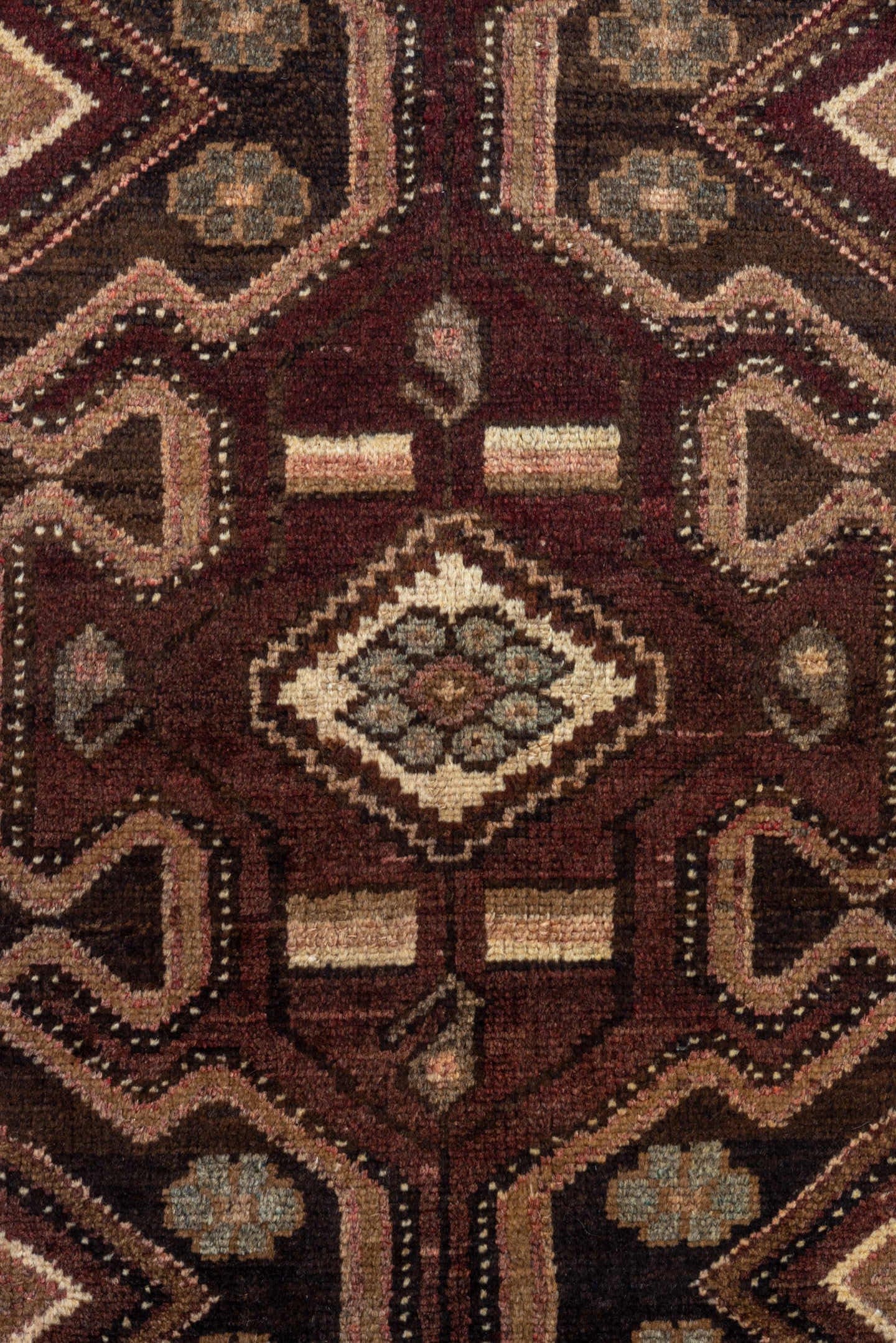 2' x 9' one-of-a-kind handmade antique Malayer runner rug. Color palette: brown, rust, ivory, camel, charcoal, burgundy