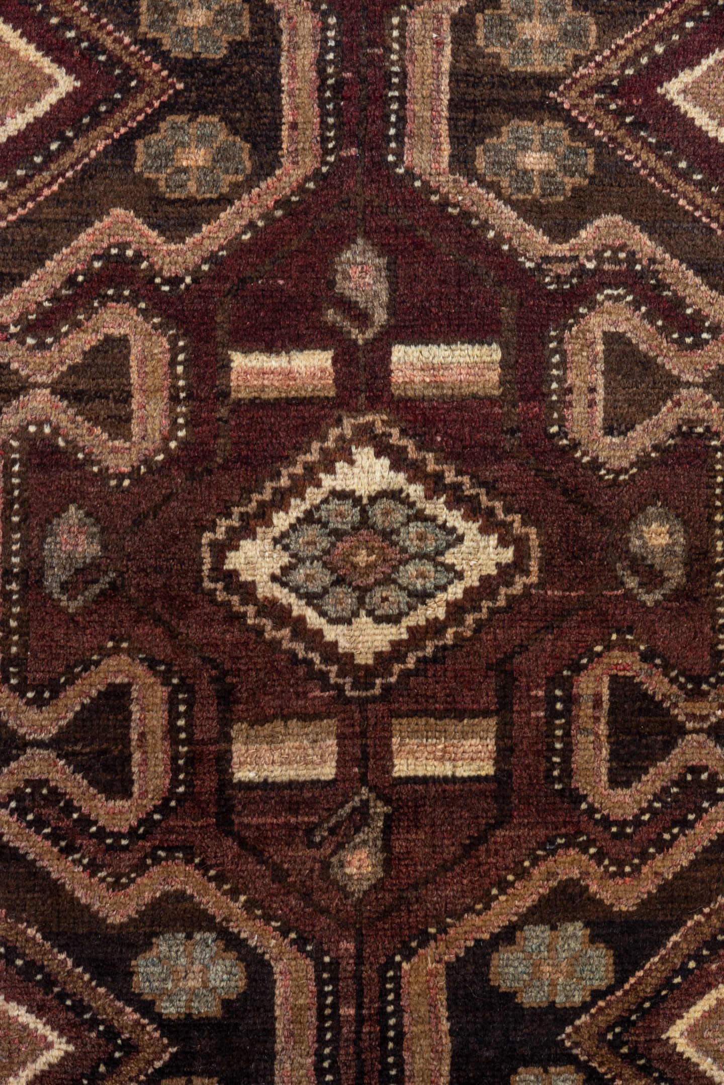 2' x 9' one-of-a-kind handmade antique Malayer runner rug. Color palette: brown, rust, ivory, camel, charcoal, burgundy