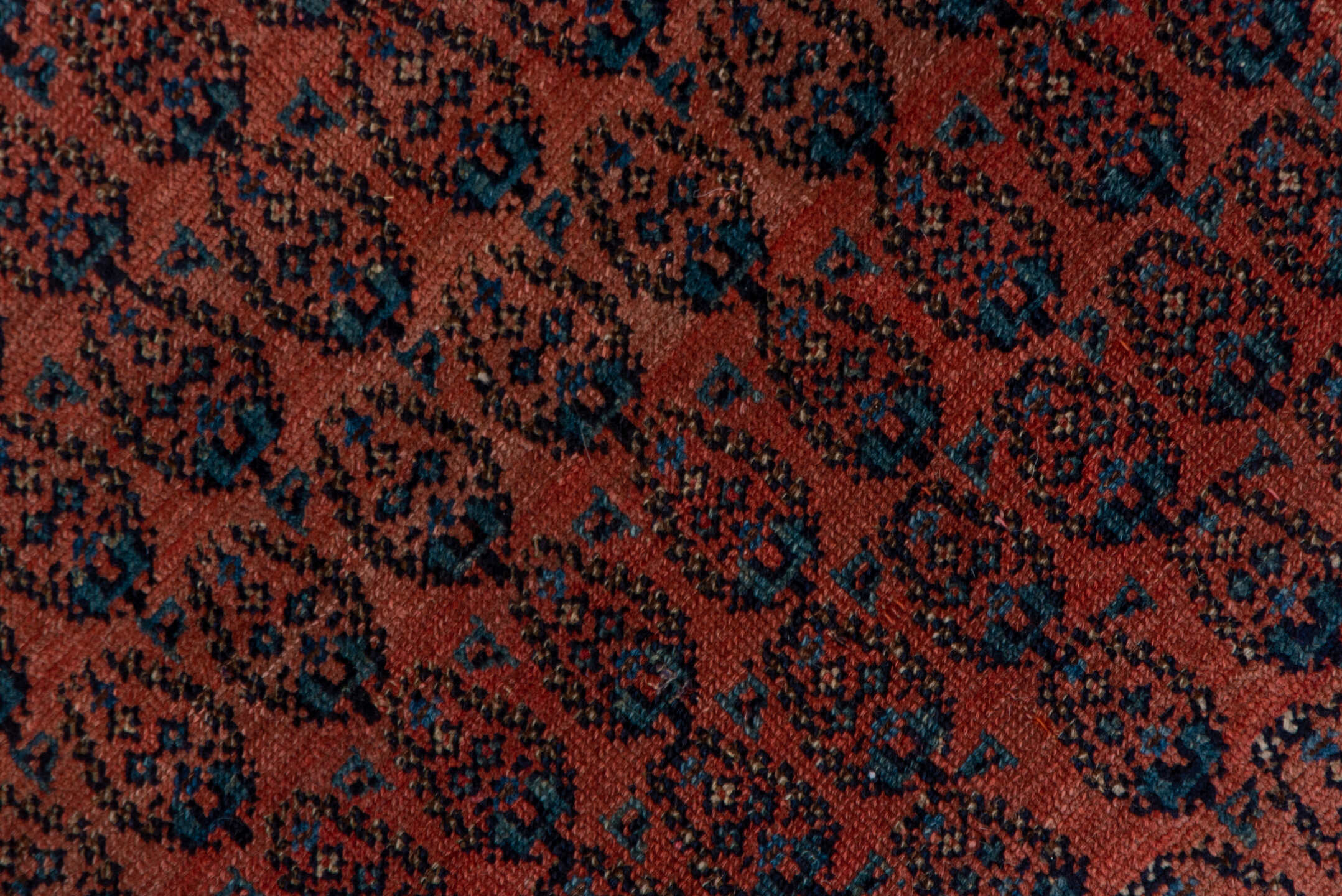 7' x 15' one-of-a-kind handmade antique Saraband rug. Color palette: rust, navy, ivory, terra cotta, charcoal, camel