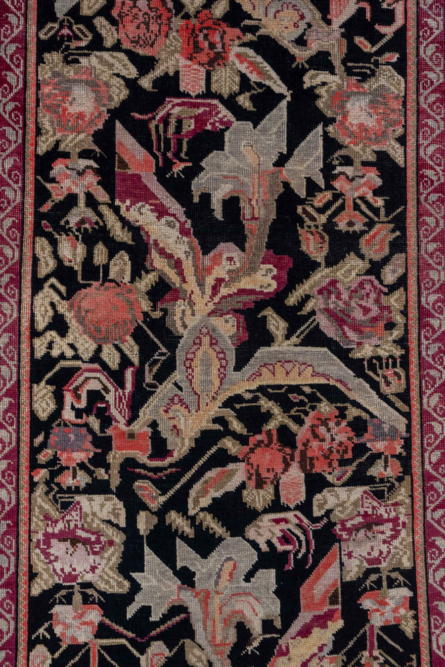 3' x 18' one-of-a-kind handmade antique Karabagh runner rug. Color palette: black, rose, ivory, rust, crimson, blush, taupe