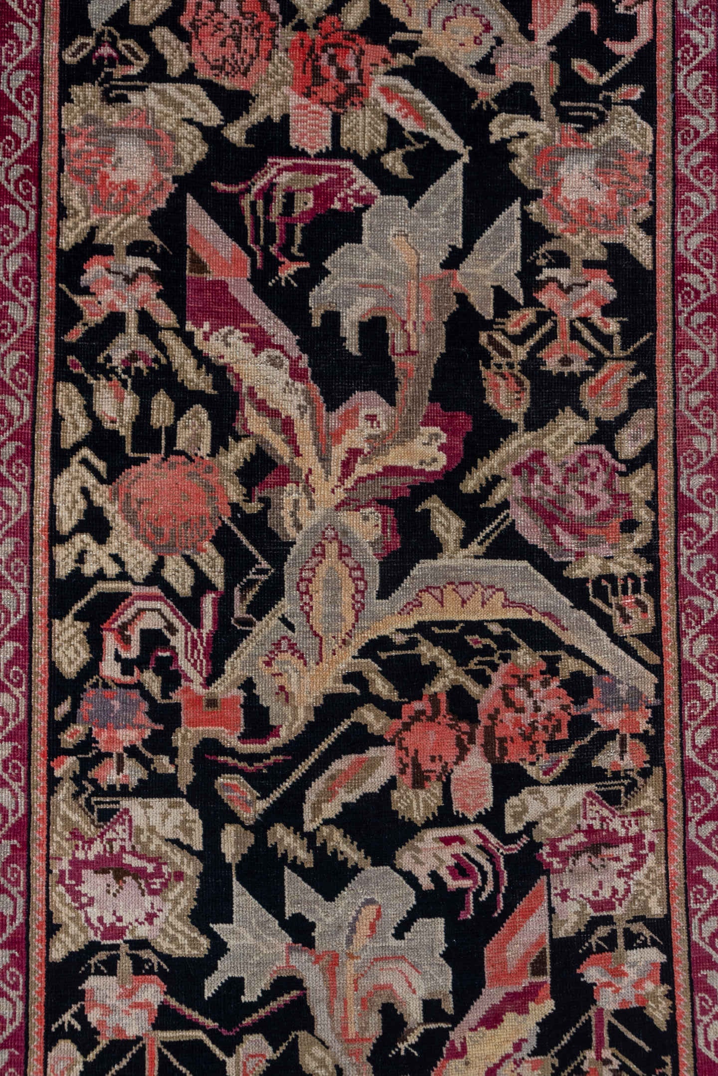 3' x 18' one-of-a-kind handmade antique Karabagh runner rug. Color palette: black, rose, ivory, rust, crimson, blush, taupe